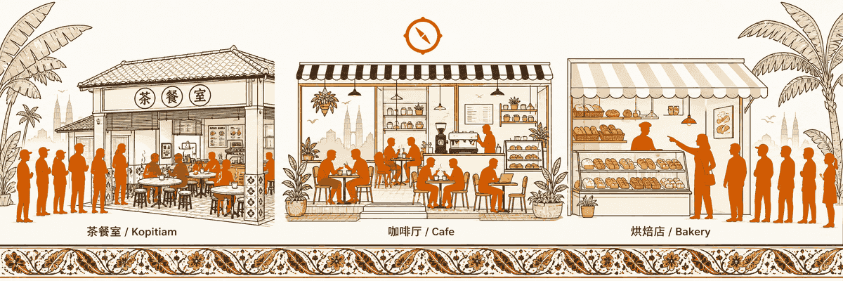 章末成功画像 · 3 业态成功代表（茶餐室排队 / 咖啡厅满座 / 烘焙店产品柜）扁平卡通