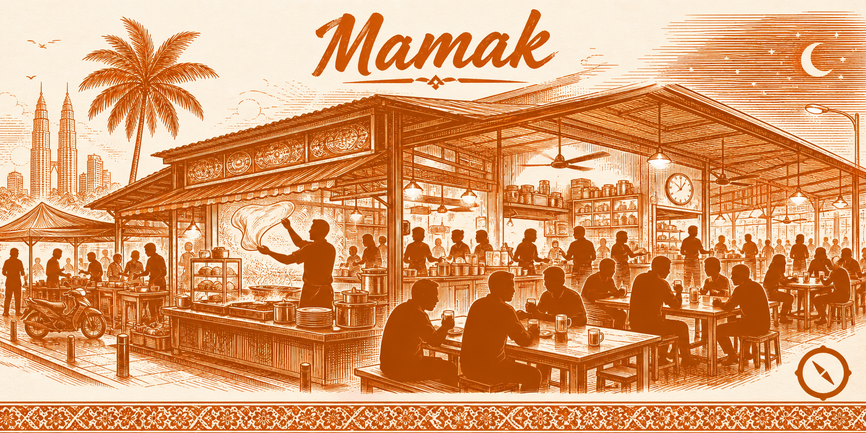 马来及印裔传统业态 H2 节小 hero · Mamak 档凌晨场景 · 屋顶悬挂吊扇与吊灯 + 店主当街抛拉 roti canai 面饼 + 长板桌坐满夜归食客 + 街边电单车 + 椰树 + KL 双子塔与新月夜空轮廓 · sepia 暖橙手绘风