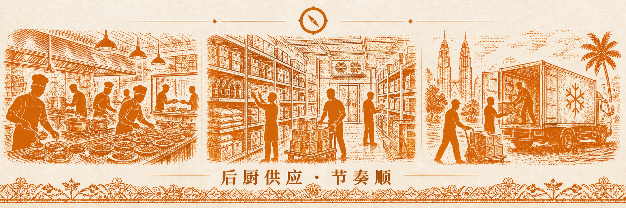 中央厨房供应体系场景 · 三联拼贴 · 后厨大量厨师批量备餐流水线 + 中央仓储货架与盘点员 + 冷链物流车装货门店配送 · KL 双子塔与椰树远景 · 标语 后厨供应 · 节奏顺 · 体现工业化标准化复制核心 · sepia 暖橙手绘风