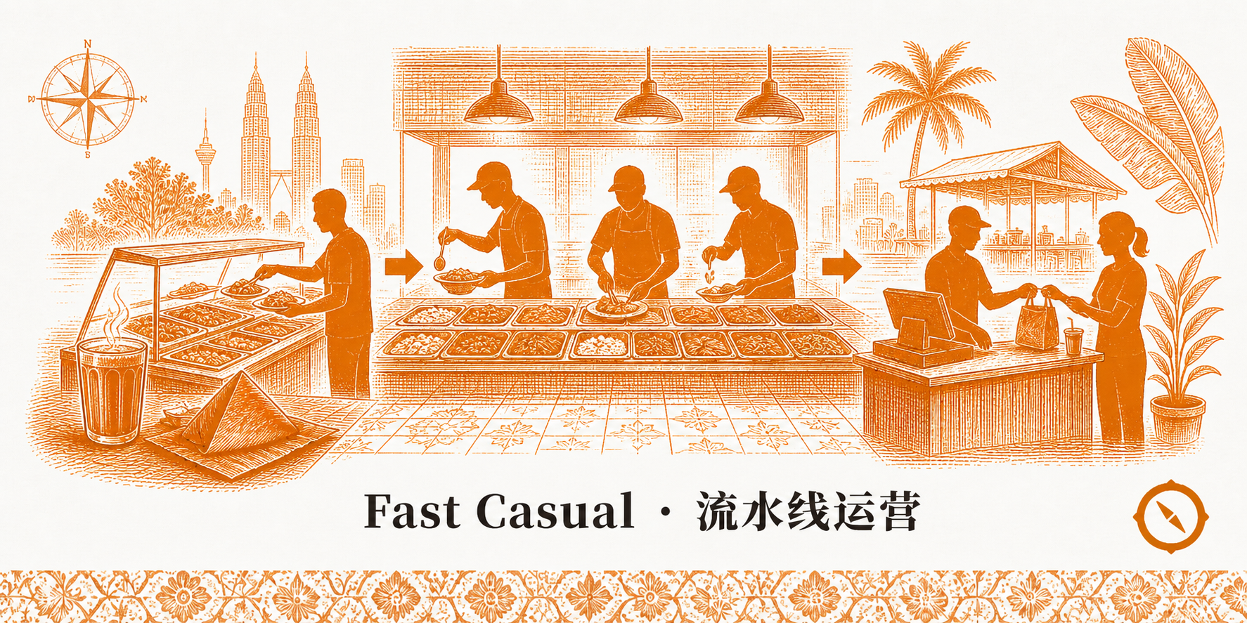 Fast Casual 快休闲连锁流水线运营场景 · 顾客顺序通过点餐台 + 食材陈列槽 + 现场配菜 + 取号收银台 + 自取座位 · Open Kitchen 工作人员 silhouette · 椰树与 KL 远景 · 标语 Fast Casual · 流水线运营 · sepia 暖橙手绘风