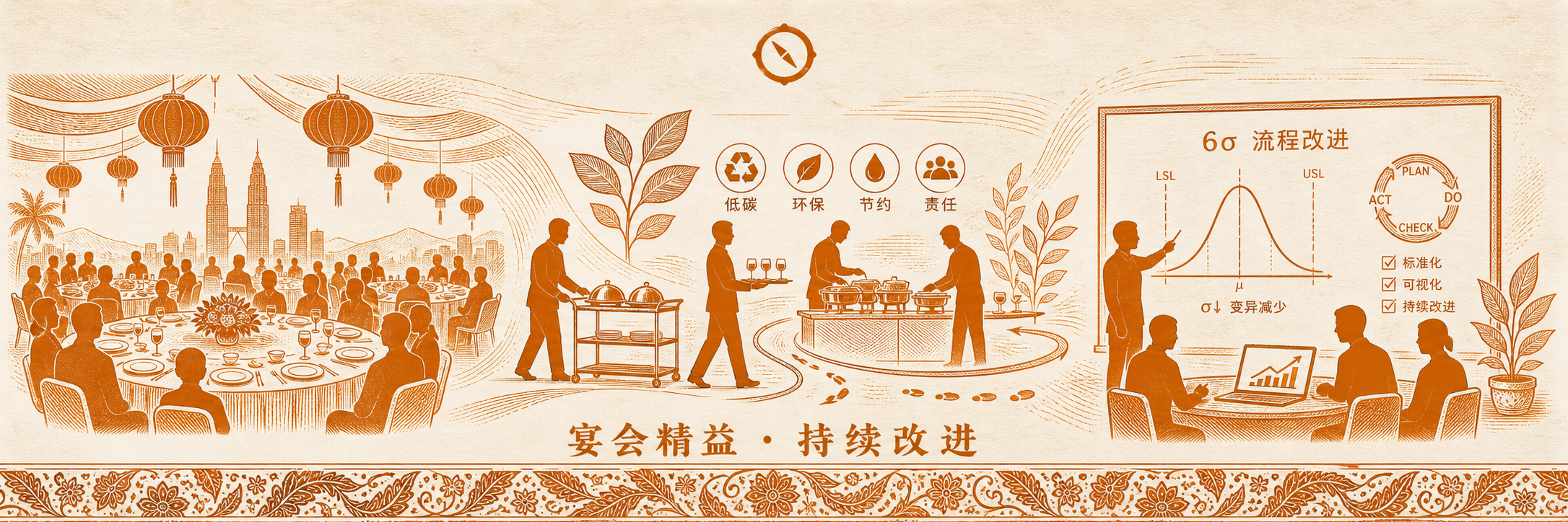 高端 Fine Dining 宴会场景 · 大型圆桌满座配合烛光与灯笼挂饰 + 服务员推餐车送菜 + 后台精益 6σ 流程图与改善图表 · KL 双子塔与椰树远景 · 标语 宴会精益 · 持续改进 · sepia 暖橙手绘风