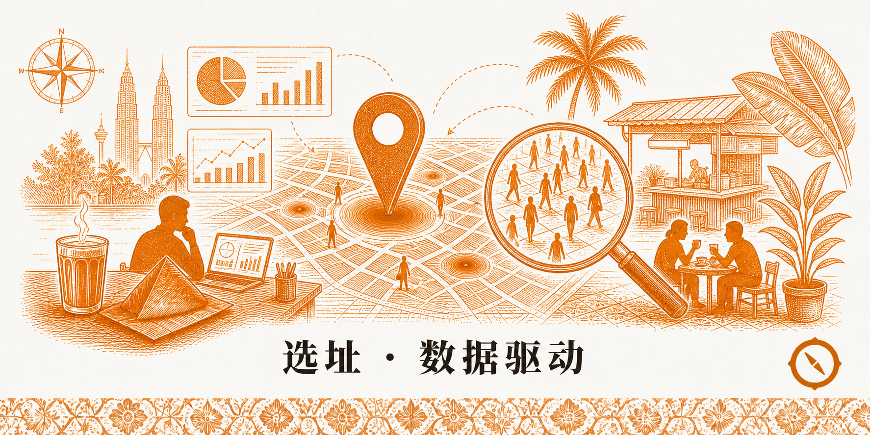 门店选址数据驱动场景 · 商圈地图与人流分布热力图 + 数据图表柱状与折线 + 选址候选点 pin 标记 + 实地考察人员桌前查看资料 + 远处档口与凉廊 · KL 双子塔与椰树远景 · 标语 选址 · 数据驱动 · sepia 暖橙手绘风