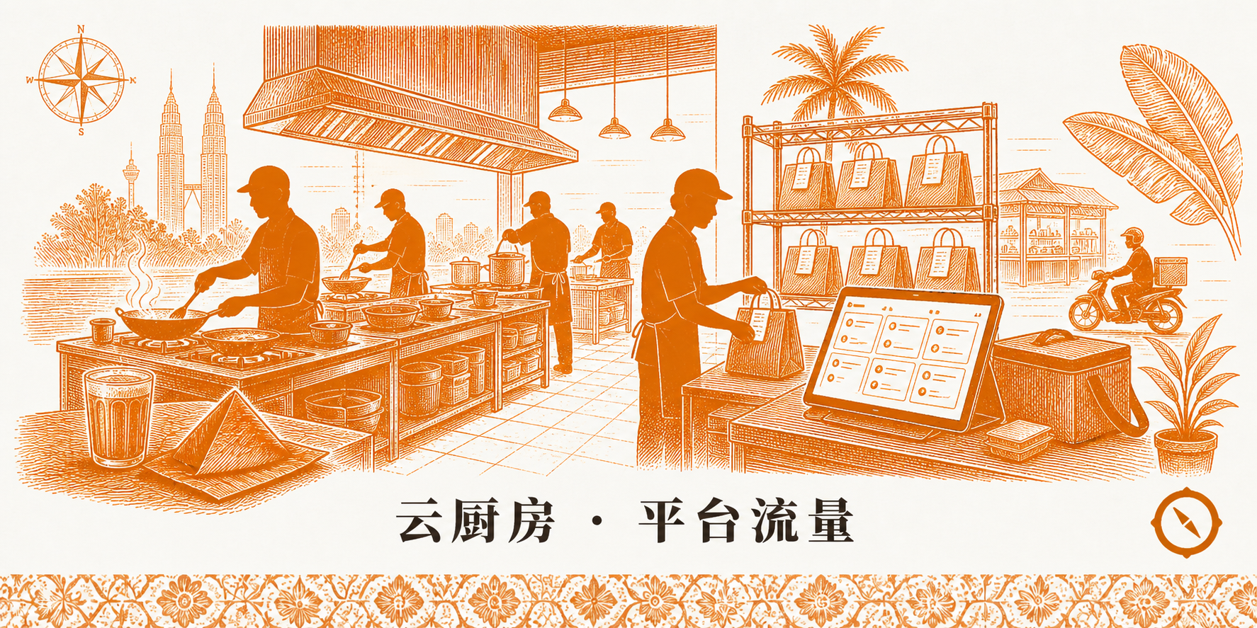 云厨房经营场景 · Klang Valley 工业单位多档位标准化操作台 + 厨师 silhouette 同时炒制多品牌外卖 + 包装袋陈列架 + 平板订单管理 + 骑手取餐离店 · KL 双子塔轮廓远影 · 椰树视觉锚 · 标语 云厨房 · 平台流量 · 体现重数据轻资产纯履约模式 · sepia 暖橙手绘风