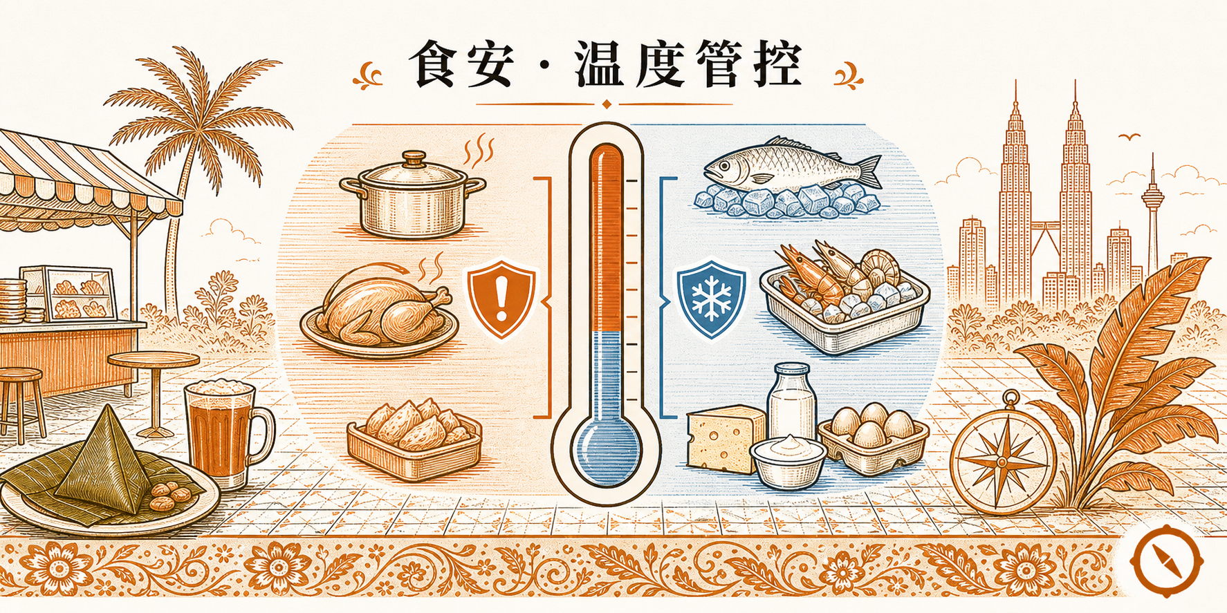 预制菜零售冷链温度管控场景 · 即食餐品陈列 + 数字温度计 4°C 显示 + 冷藏柜分区图标海鲜 / 肉类 / 乳品 + 椰树与双子塔远景 · 体现 RTE 即食餐冷链合规与食安温度管控核心 · 标语 食安 · 温度管控 · sepia 暖橙手绘风