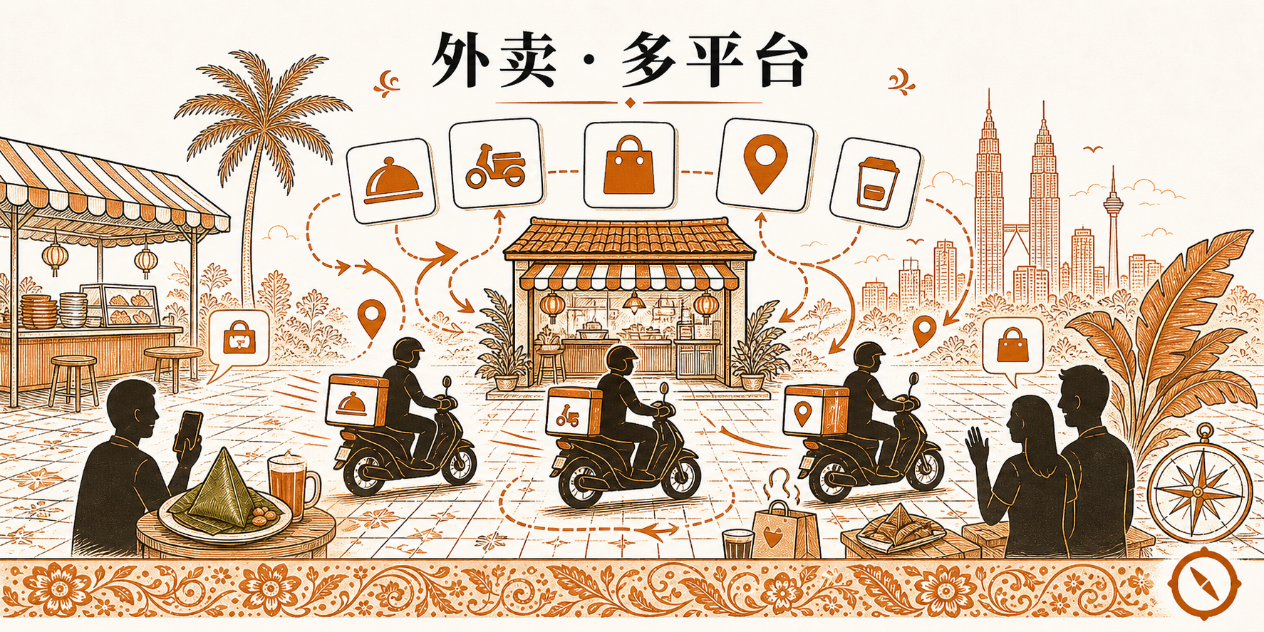 订阅制餐饮多平台配送场景 · 三辆配送骑手 silhouette 同时出发 + 平台 UI 订单图标 + 餐厅档口取餐区 + 顾客在桌椅区接收 + 双子塔与椰树远景 · 体现订阅制定期配送多渠道流量入口 · 标语 外卖 · 多平台 · sepia 暖橙手绘风