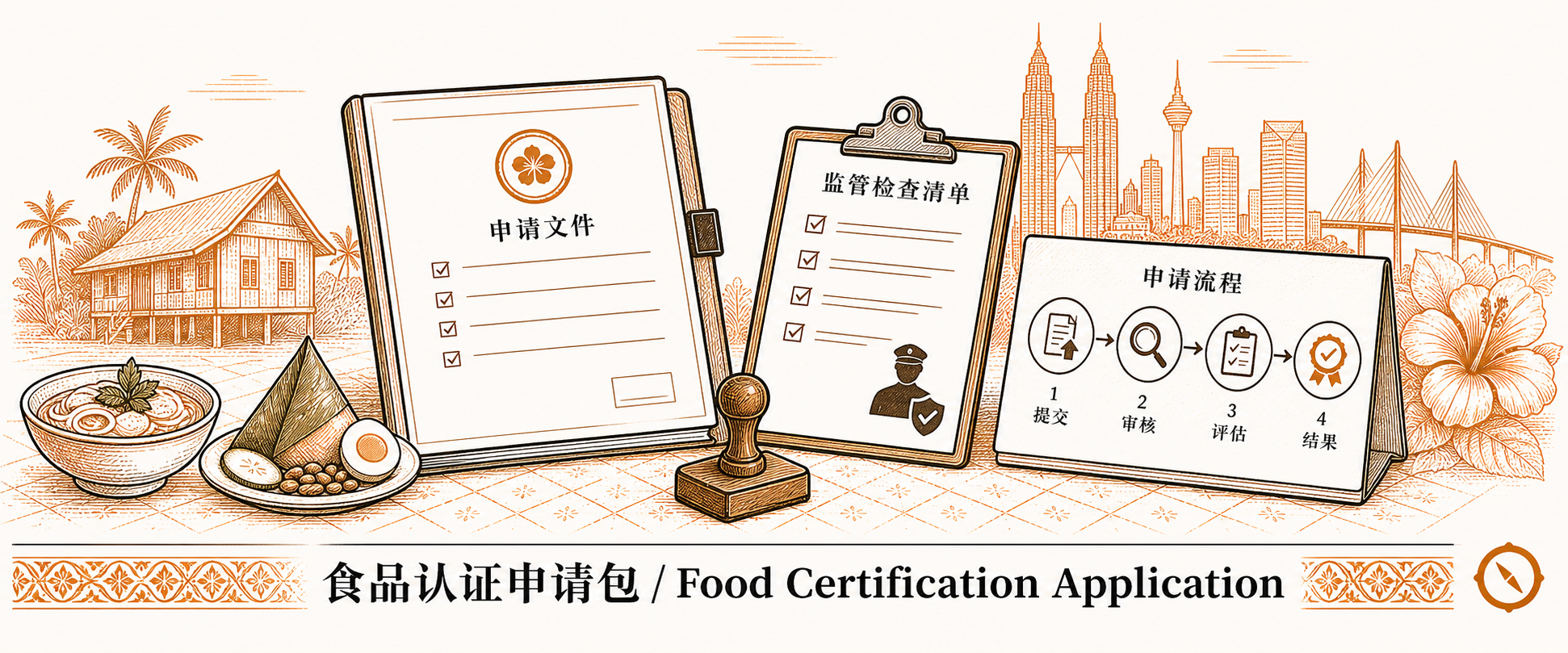 食品认证零交叉污染物理防线建设场景 · 申请文件夹与监管检查清单与认证流程 4 段流向图 提交 → 审核 → 评估 → 结果 + 左侧椰浆饭与粽子餐品陈列 + 右侧 hibiscus 国花与传统吊床椰树视觉锚 · 体现独立储存空间与双套设备物理隔断与认证审核流程核心 · 标语 食品认证申请包 Food Certification Application · sepia 暖橙手绘风