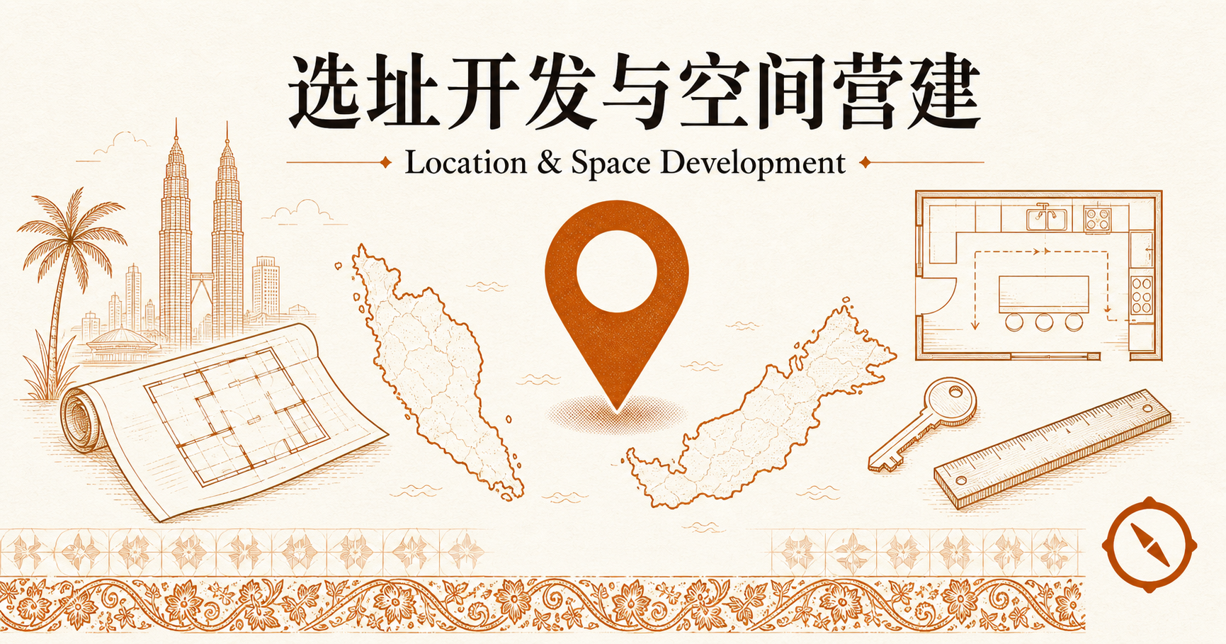 选址开发与空间营建章首图 · 马来西亚餐饮物业拓展与空间设计概念视觉拼贴 · 西马与东马地图轮廓 + 橙色定位针标 + 平面图卷轴 + 厨房俯视分区 + 钥匙与量尺 + KL 双子塔与椰树视觉锚 · 标语 选址开发与空间营建 Location & Space Development · sepia 暖橙手绘风