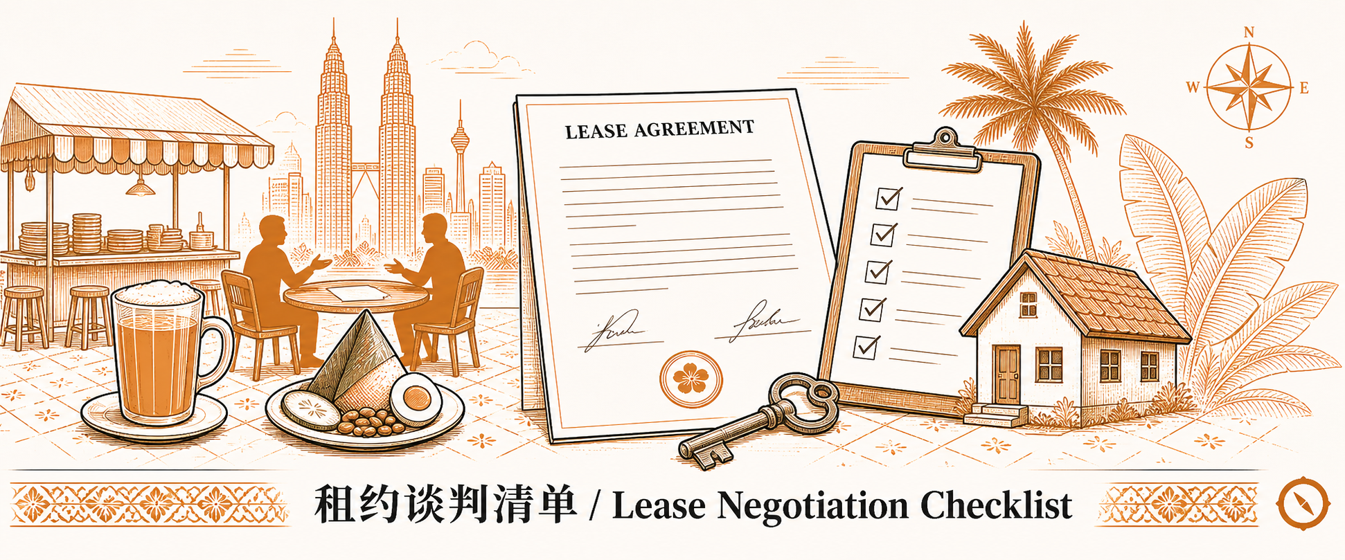 租赁意向书与免租期谈判场景 · 谈判桌前两位经营者 silhouette 对坐讨论 + LEASE AGREEMENT 合同文件居中 + 五项要点检查清单 + 钥匙与小屋钥匙交付 + KL 双子塔远影与椰树视觉锚 · 体现 LOI 框架协议谈判免租期 / 递增率 / 装修补贴 / 提前退租条款核心 · 标语 租约谈判清单 Lease Negotiation Checklist · sepia 暖橙手绘风