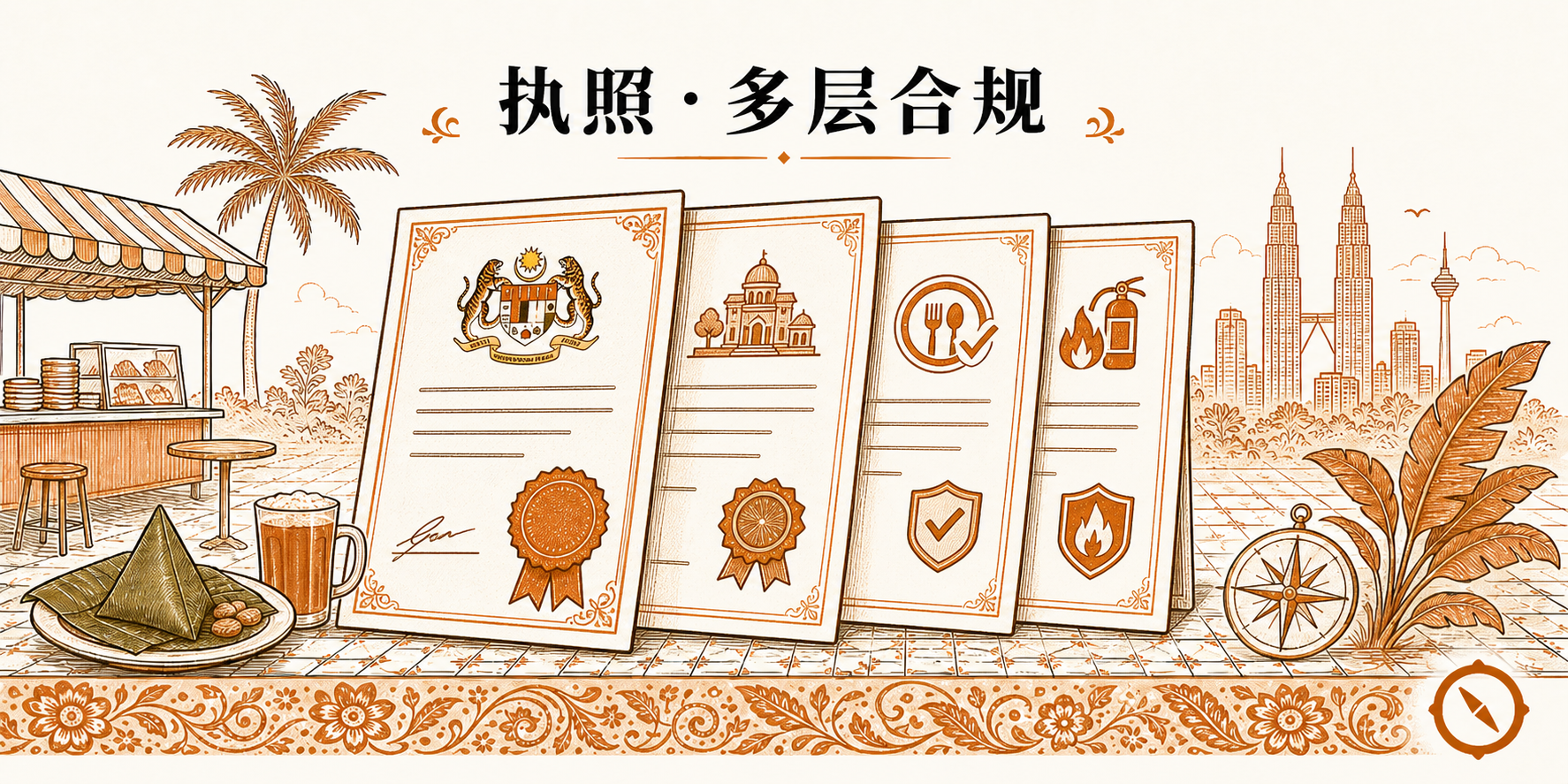 消防系统联动测试与卫生局前置申报场景 · 四份执照证书并列 国家徽章证书 + 建筑用途证书 + 餐饮经营证书与盾牌防护图标 + 灭火器图标证书 + 左侧食阁档口与右侧椰树罗望子树视觉锚 + KL 双子塔与殖民建筑远影 · 体现 BOMBA 消防 / KKM 卫生 / DBKL 营业执照多层合规验收核心 · 标语 执照 · 多层合规 · sepia 暖橙手绘风