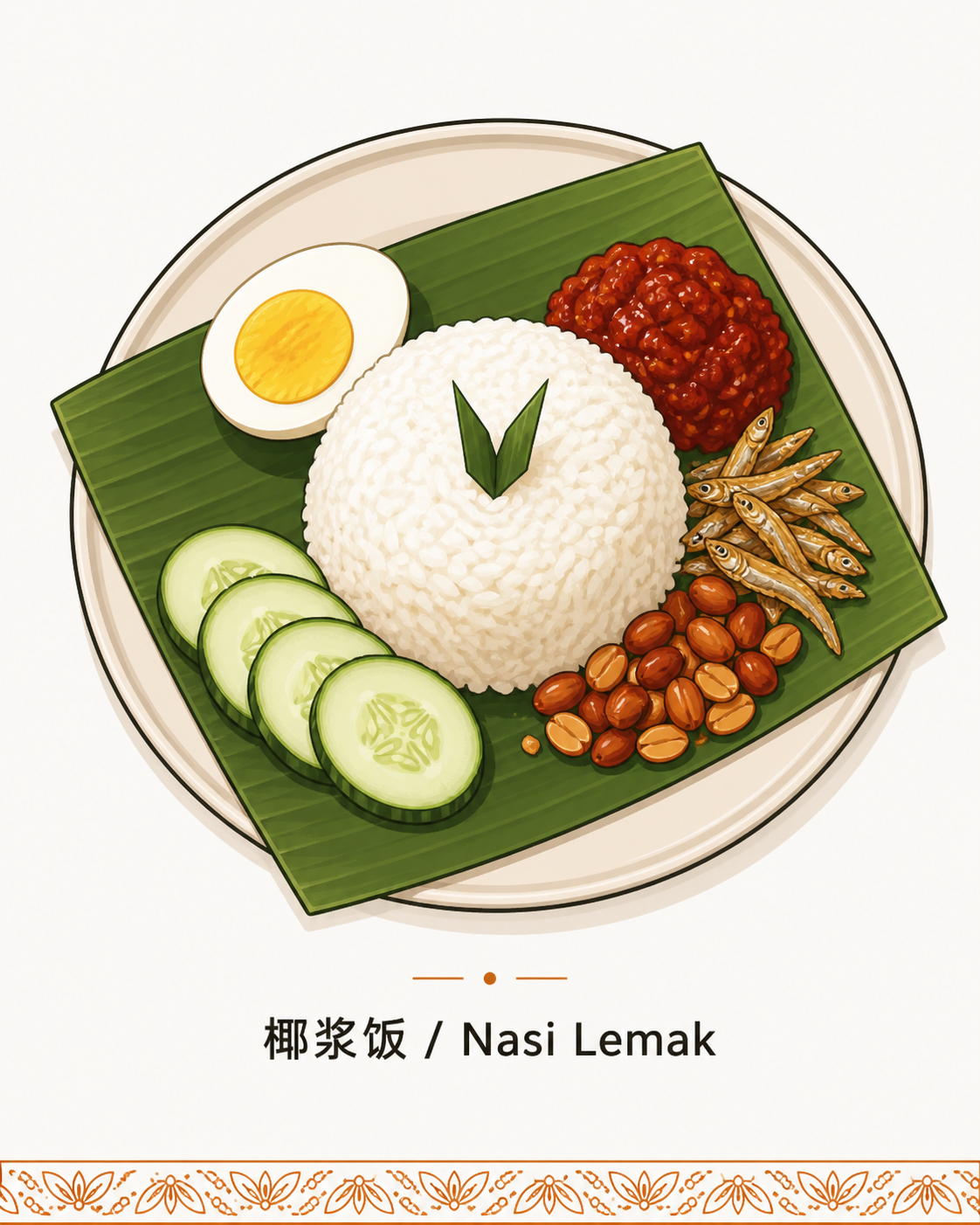 Food Styling 写实菜品摄影示例 · 椰浆饭 Nasi Lemak 俯拍场景 · 圆瓷盘绿色蕉叶垫底 + 米饭中心叠放 + 水煮蛋 + 黄瓜片 + 红辣椒酱 sambal + 江鱼仔 + 花生 配菜环绕 · 自然光 + 60/30/10 配色法则 + 暗色木板背景质感 · 体现专业菜品摄影摆盘高度感与色彩搭配原则 · 写实绘画风