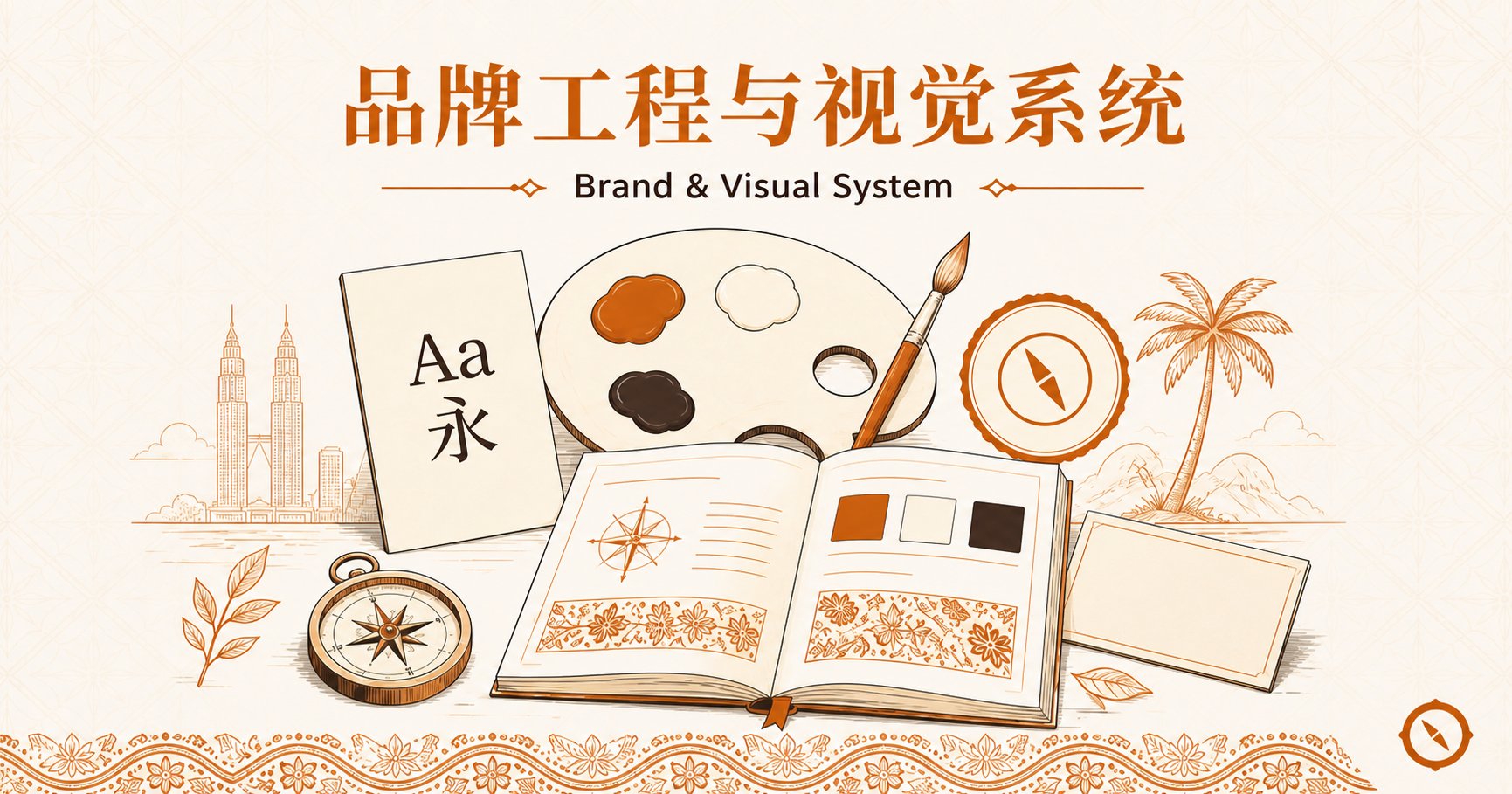 品牌工程与视觉系统章首图 · 马来西亚餐饮品牌建设概念视觉拼贴 · 字体规范 Aa 永 + 调色板四色 + 画笔与指南针 + 翻开的品牌手册卷轴 + 色块色卡示意 + KL 双子塔与椰树视觉锚 · 标语 品牌工程与视觉系统 Brand & Visual System · sepia 暖橙手绘风