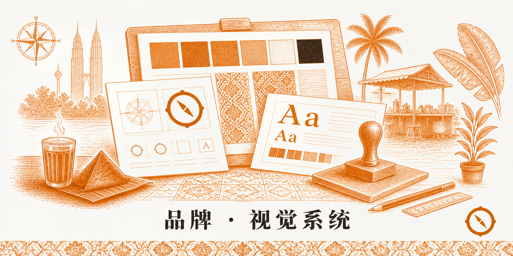 VI 规范手册跨页设计场景 · 桌面陈列品牌色板四色调色卡 + 字体规范 Aa 双层级展示 + 木质印章与铅笔 + 茶餐室饮料与三角粽实物点缀 + 指南针纹样与花纹纺织桌布 + KL 双子塔与椰树视觉锚 · 标语 品牌 · 视觉系统 · 体现 Logo + 色彩 + 字体 + 图形语言 + 使用规范五大 VI 核心组成 · sepia 暖橙手绘风