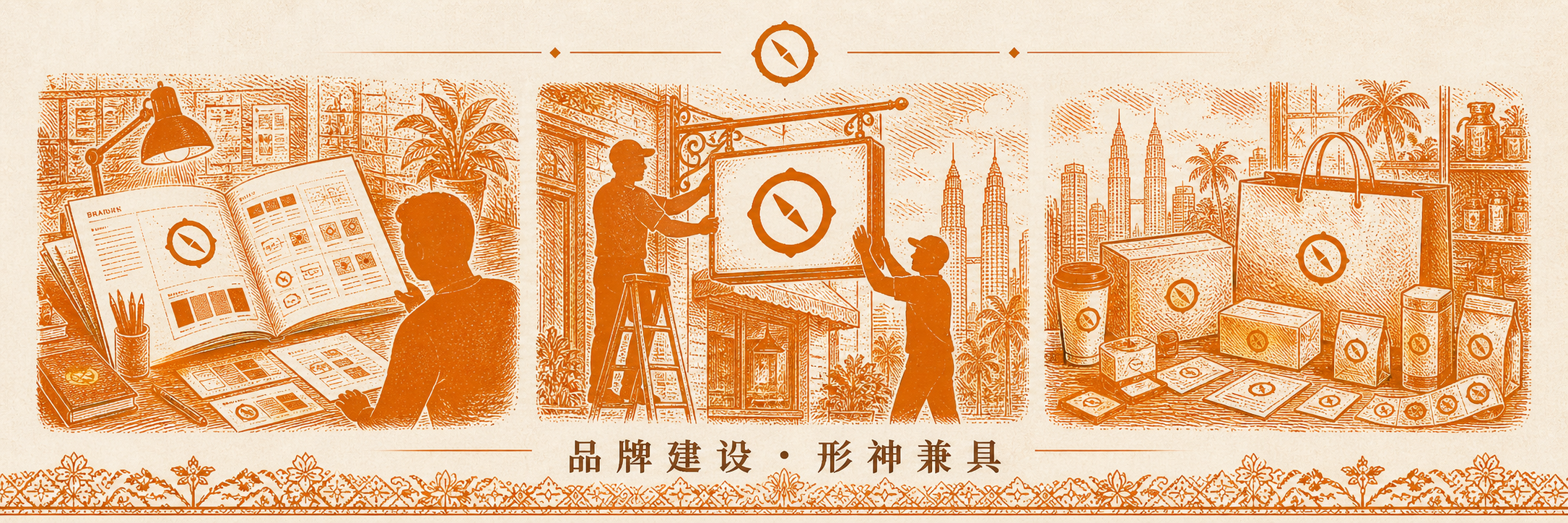 视觉与环境识别系统 H2 节小 hero · 三联屏视觉概览 品牌建设形神兼具 · 左格设计师案前翻阅 VI 手册跨页 + 中格工人攀爬梯子在店面悬挂招牌 + 右格店内陈列品牌包材外卖袋食物盒饮料杯齐备 + KL 双子塔远景与椰树视觉锚 · 标语 品牌建设 · 形神兼具 · 体现 VI 手册到 EI 落地完整链路 · sepia 暖橙手绘风