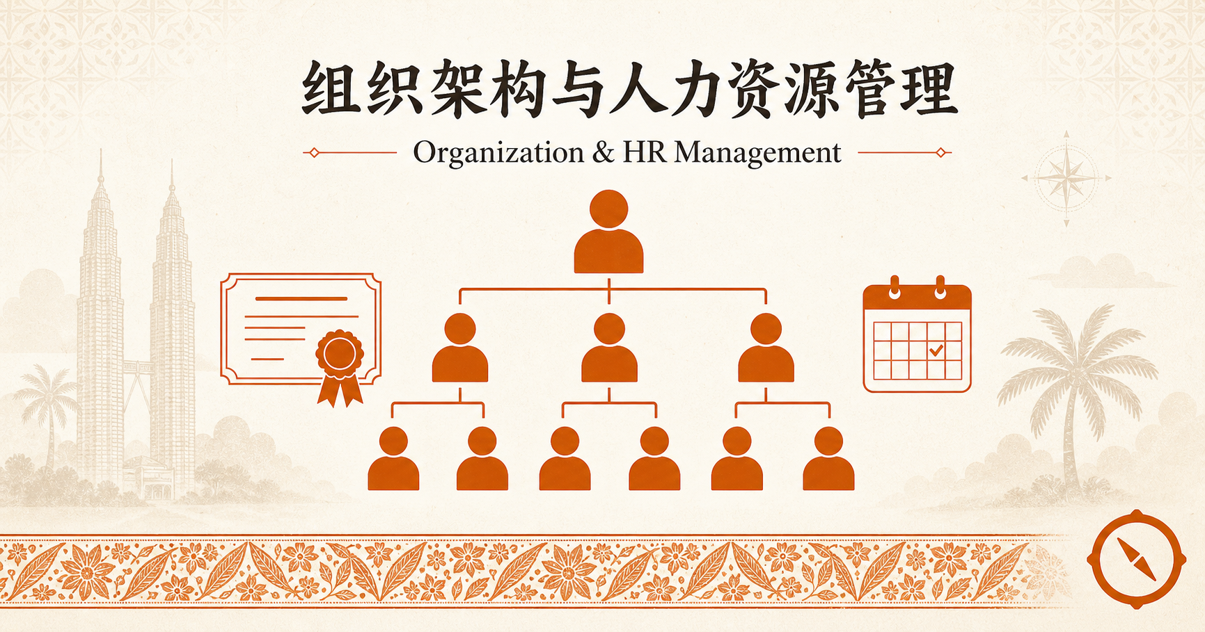 组织架构与人力资源管理章首图 · 餐饮企业三层人事架构金字塔示意 · 顶部企业主单人物剪影 + 中层 GM 三人物 + 基层员工五人物 + 左侧合规证书与右侧月度排班日历 + KL 双子塔轮廓与椰树视觉锚 · 标语 组织架构与人力资源管理 Organization HR Management · sepia 暖橙手绘风