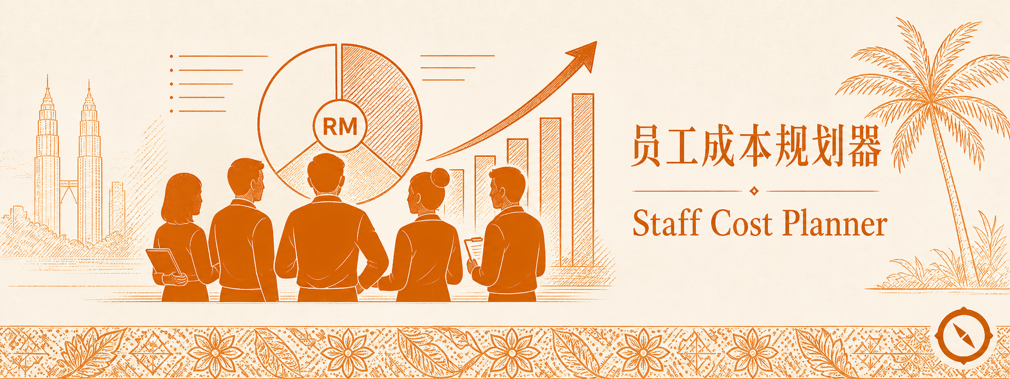 员工成本规划场景 · 5 员工剪影列队站立 + 后方 RM 货币饼图显示成本结构占比 + 上升箭头与柱状增长图体现规划与优化 + KL 双子塔与椰树视觉锚 · 体现差异化底薪与多层级绩效提成的成本规划与员工总人工成本可视化决策工具 · sepia 暖橙手绘风