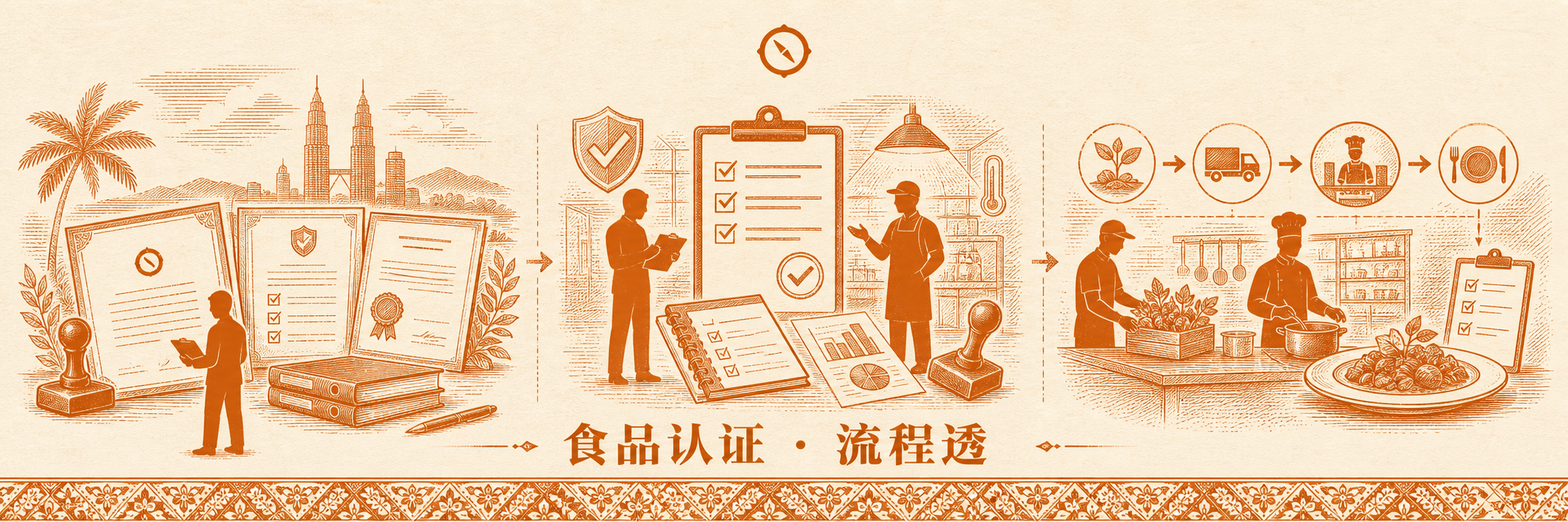 数字化配方与 SOP 体系 H2 节小 hero · 三联屏视觉概览 食品认证·流程透 · 左格证书展架陈列多张认证文件 + 中格清单审核员对照成分表勾选 + 右格食材种植加工配送陈列流程链 · 标语 食品认证·流程透 · 体现数字化配方追溯与 SOP 体系从认证到工序的全链路 · sepia 暖橙手绘风
