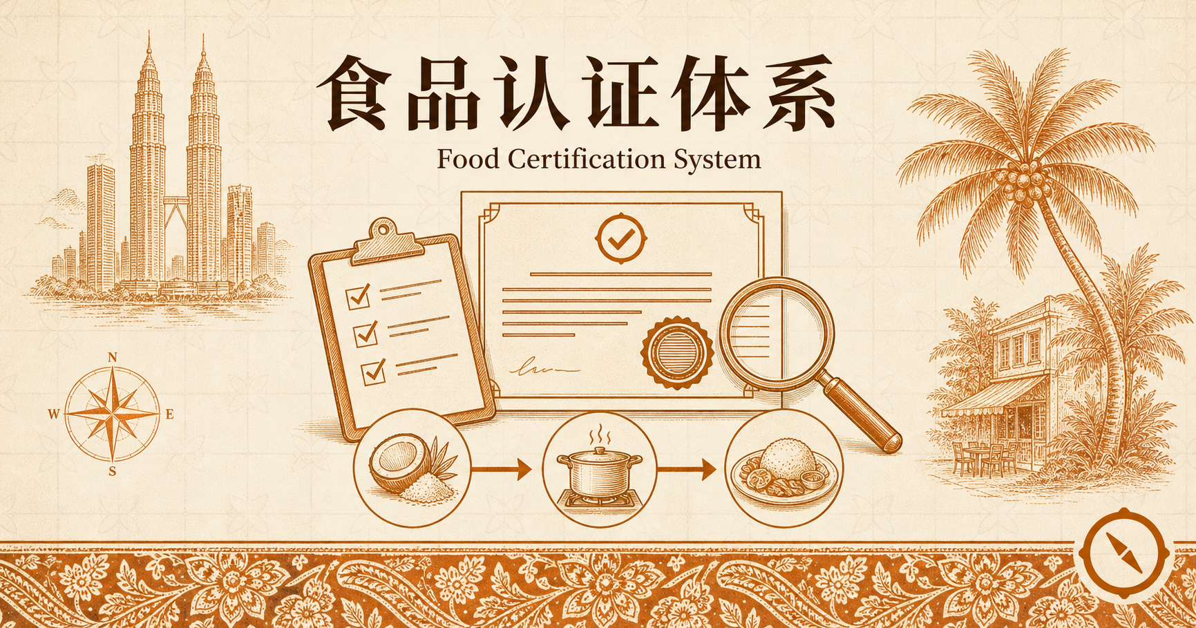 食品认证体系全景图 · 左侧清单审核员手持文件勾选 + 中央认证证书印章带可信徽章 + 放大镜审查文件细节 + 右下原料加工到成品流程链椰子蒸锅成品碗 + 双子塔轮廓与椰树视觉锚 · 标语 食品认证体系 Food Certification System · 体现清真食品认证 BOM 配料从原料到成品的合规追溯流程 · sepia 暖橙手绘风