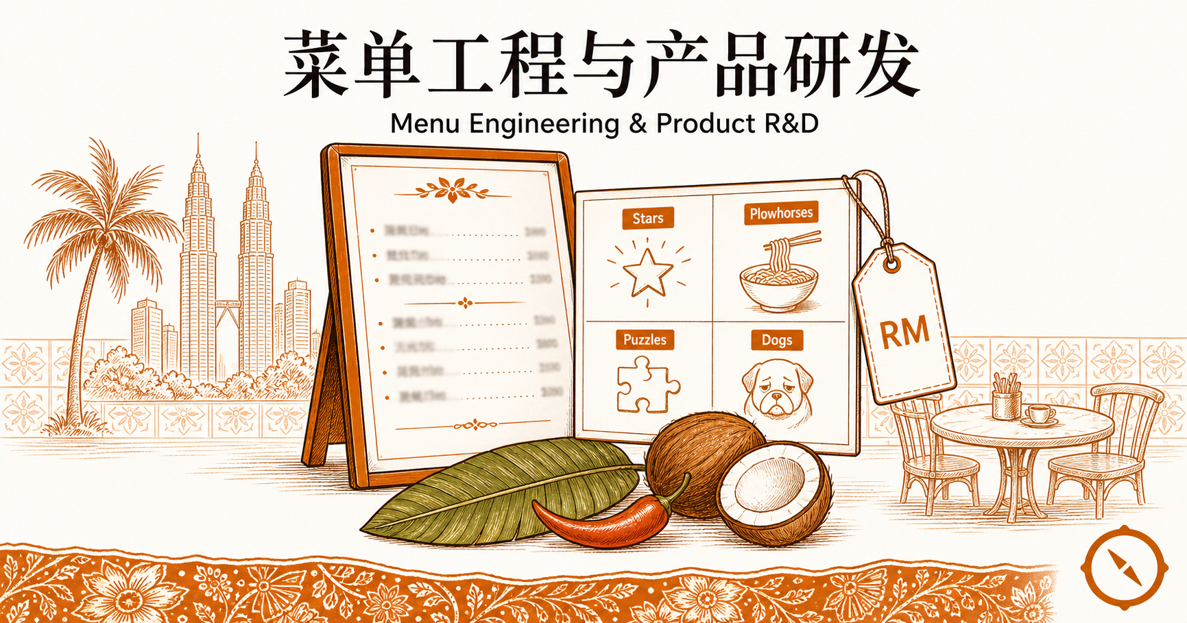 菜单工程与产品研发章首图 · 菜单矩阵四象限示意 Stars 明星菜 · Plowhorses 耕马菜 · Puzzles 谜题菜 · Dogs 落后菜 + 价签 RM 图标 + 椰浆辣椒香料食材聚合 + 双子塔轮廓与椰树视觉锚 + 标语 菜单工程与产品研发 Menu Engineering Product R&D · sepia 暖橙手绘风