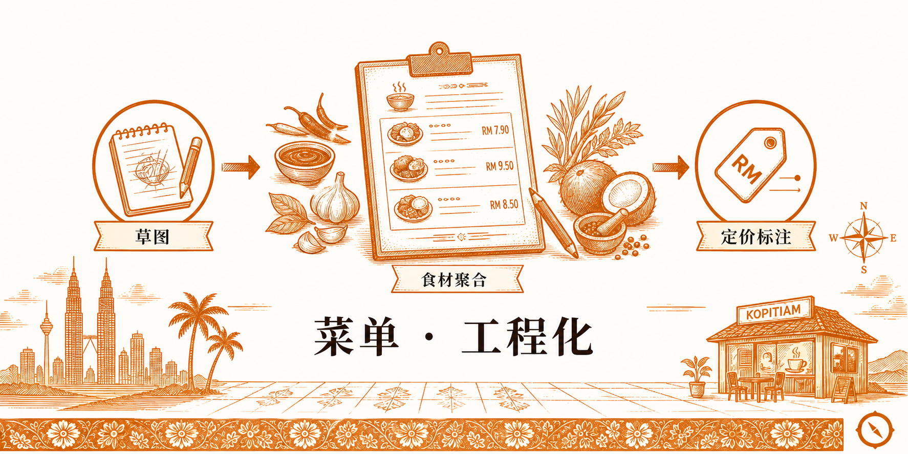 菜单工程化流程示意图 · 左侧菜单草图设计 + 中段食材聚合标注价格 RM7.90 RM9.50 RM8.50 + 右侧最终定价标签 · 三段式呈现菜单从草图到食材聚合再到定价标注的工程化流程 · 体现版面热力引导与利润菜品高亮聚焦的设计逻辑 · sepia 暖橙手绘风
