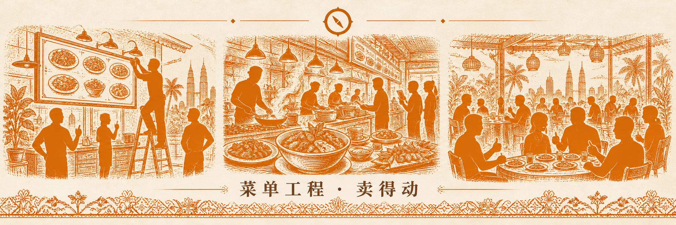 菜单战略与商品矩阵 H2 节小 hero · 三联屏视觉概览 菜单工程·卖得动 · 左格档口主推菜墙挂菜单图样 + 中格食阁档口出餐操作场景 + 右格店内顾客点餐就餐人流 · 标语 菜单工程·卖得动 · 体现菜单战略商品矩阵从设计到上桌的全链路 · sepia 暖橙手绘风