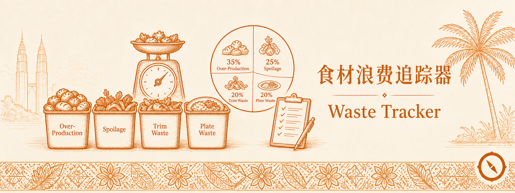 食材浪费追踪与出成率管控可视化 · 左侧称重秤上多框食材分类标签 Over-Production 过产 + Spoilage 变质 + Trim Waste 修整 + Plate Waste 桌面剩余 + 中央饼图 35 % 过产 25 % 变质 20 % 修整 20 % 桌面 + 右侧记录清单 · 标语 食材浪费追踪器 Waste Tracker · 体现出成率偏差追查与浪费分类管控 · sepia 暖橙手绘风