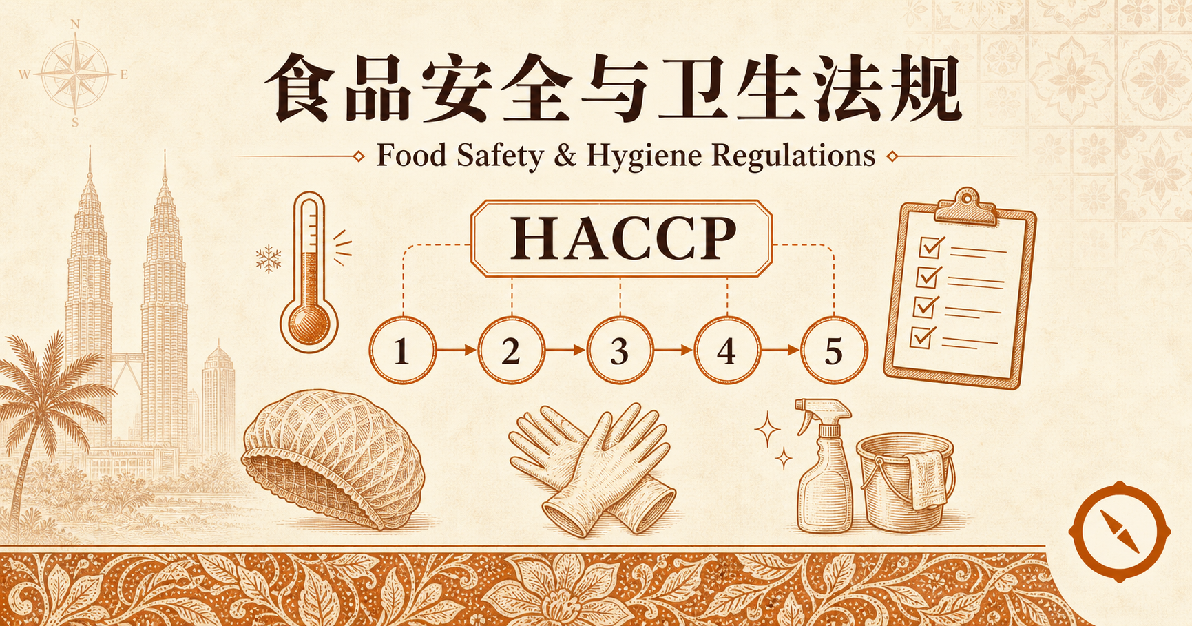 资产维保与后厨清洗 H2 节小 hero · 食品安全与卫生法规视觉概览 HACCP 5 节点编号流程示意 + 厨师帽 与 食安手套 与 喷雾消毒桶 视觉锚 + 双子塔轮廓城市背景 · 体现后厨设备维保与卫生 SOP 的合规底线 · 暖橙手绘风