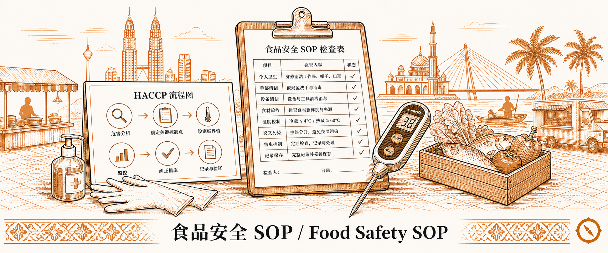出餐口探针温度计校验场景 · 食安 SOP 检查表 + 探针温度计显示 38°C 实测数据 + HACCP 流程图四节点 + 食材新鲜蔬菜罗篮 + 大马本地清真寺与桥梁城市轮廓 · 体现热菜 ≥63°C 冷盘 <7°C 双阈值出餐前温度核验 · 暖橙手绘风