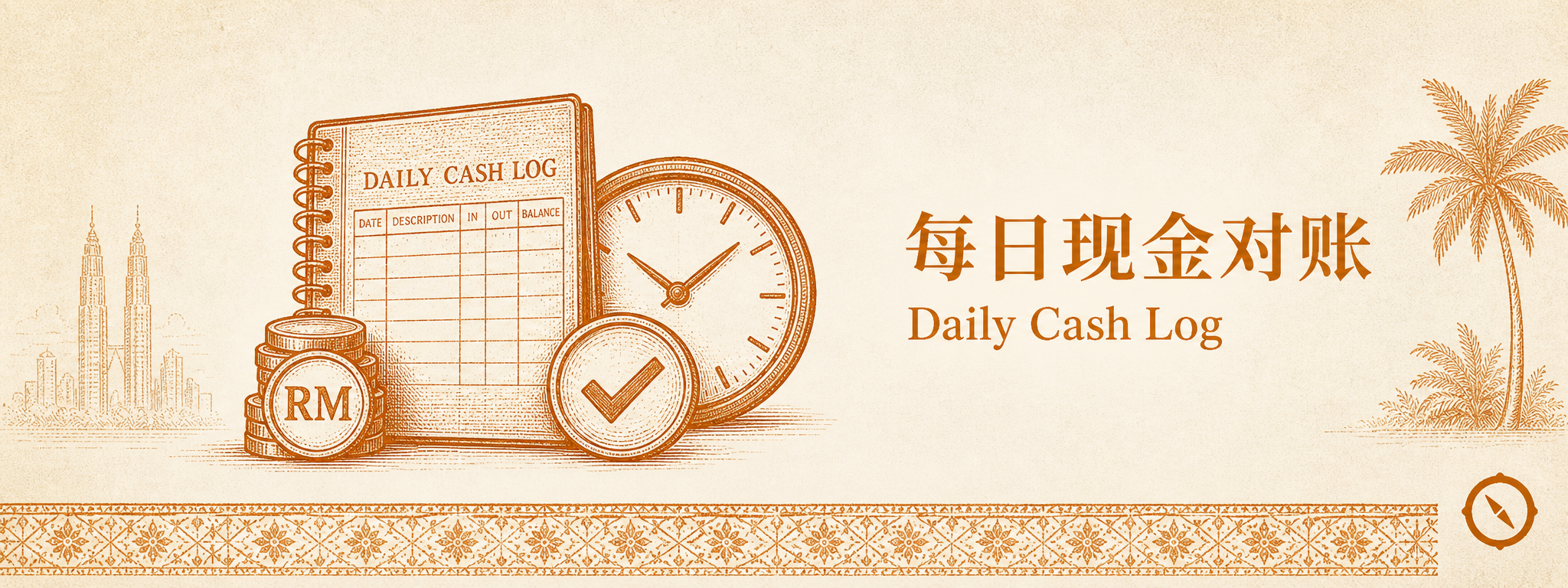 每日现金对账视觉 · DAILY CASH LOG 日记账本含日期 描述 进出 余额 4 列 + 时钟显示对账时间节点 + RM 钞券堆叠 + 钩选标记的对账确认 + 双子塔椰树本地视觉锚 · 体现门店收银日终对账与备用金双盲管理与 13 周滚动现金流预测的现金纪律闭环 · 暖橙手绘 sepia 风