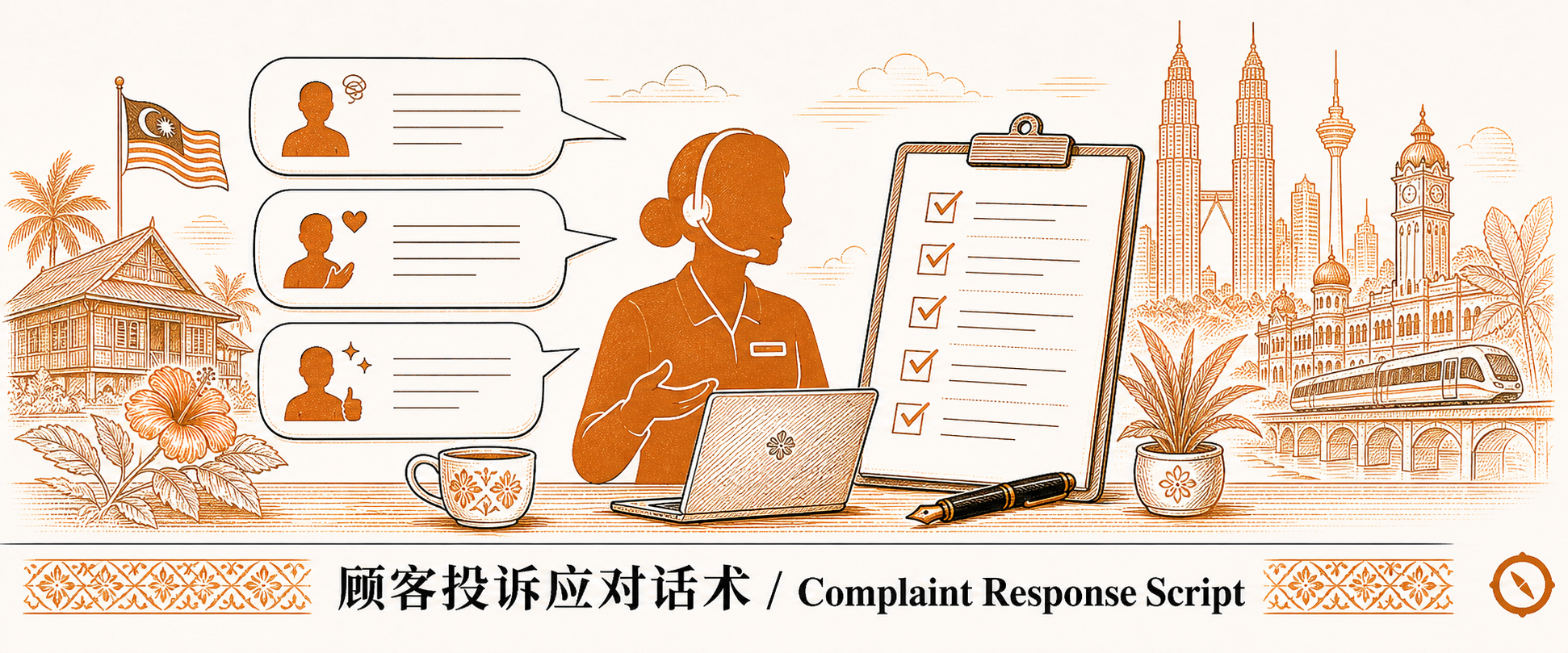 食安事件客诉黄金 1 小时应急视觉 · 中央客服人员佩戴耳机笔记本电脑前剪影手势引导 + 三位顾客投诉对话气泡心形差评图标 + 右侧待办钩选清单与签字钢笔 + 双子塔与椰树本地视觉锚 · 体现接报记录与追溯隔离与逐级上报与跟进文件化的 4 阶段 60 分钟应急流程与 24 至 72 小时延伸跟进的食源性疾病应对闭环 · 暖橙手绘 sepia 风