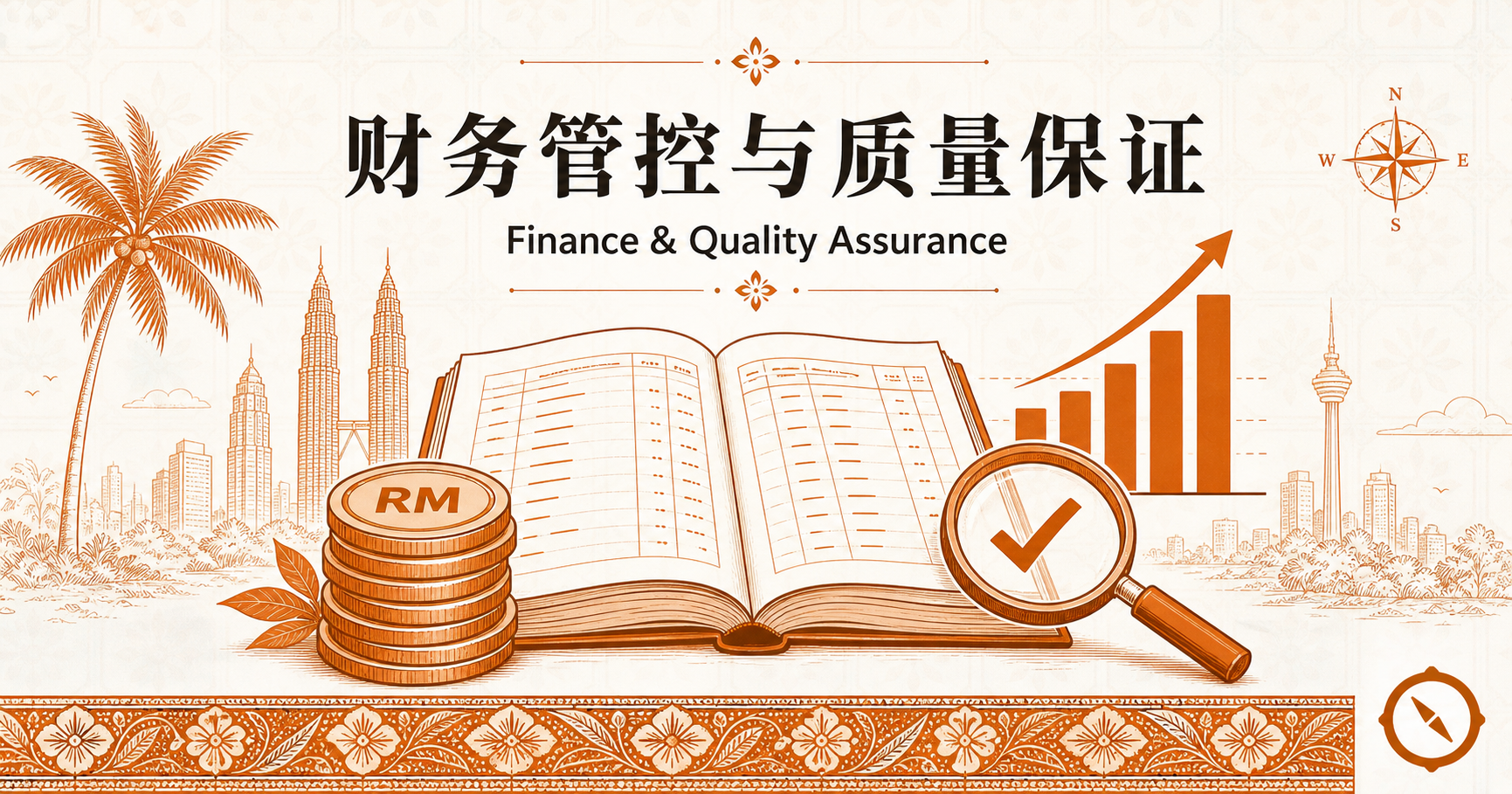 财务管控与质量保证章首图 · 财务账本翻开 + 银币 RM 堆叠 + 上扬柱状图 + 放大镜质量审查图标 + 双子塔与椰树本地视觉锚 + 中文标题与英文 Finance Quality Assurance + 项目品牌指南针 · 体现财务总账与食安质量审计双主题闭环 · 暖橙手绘 sepia 风