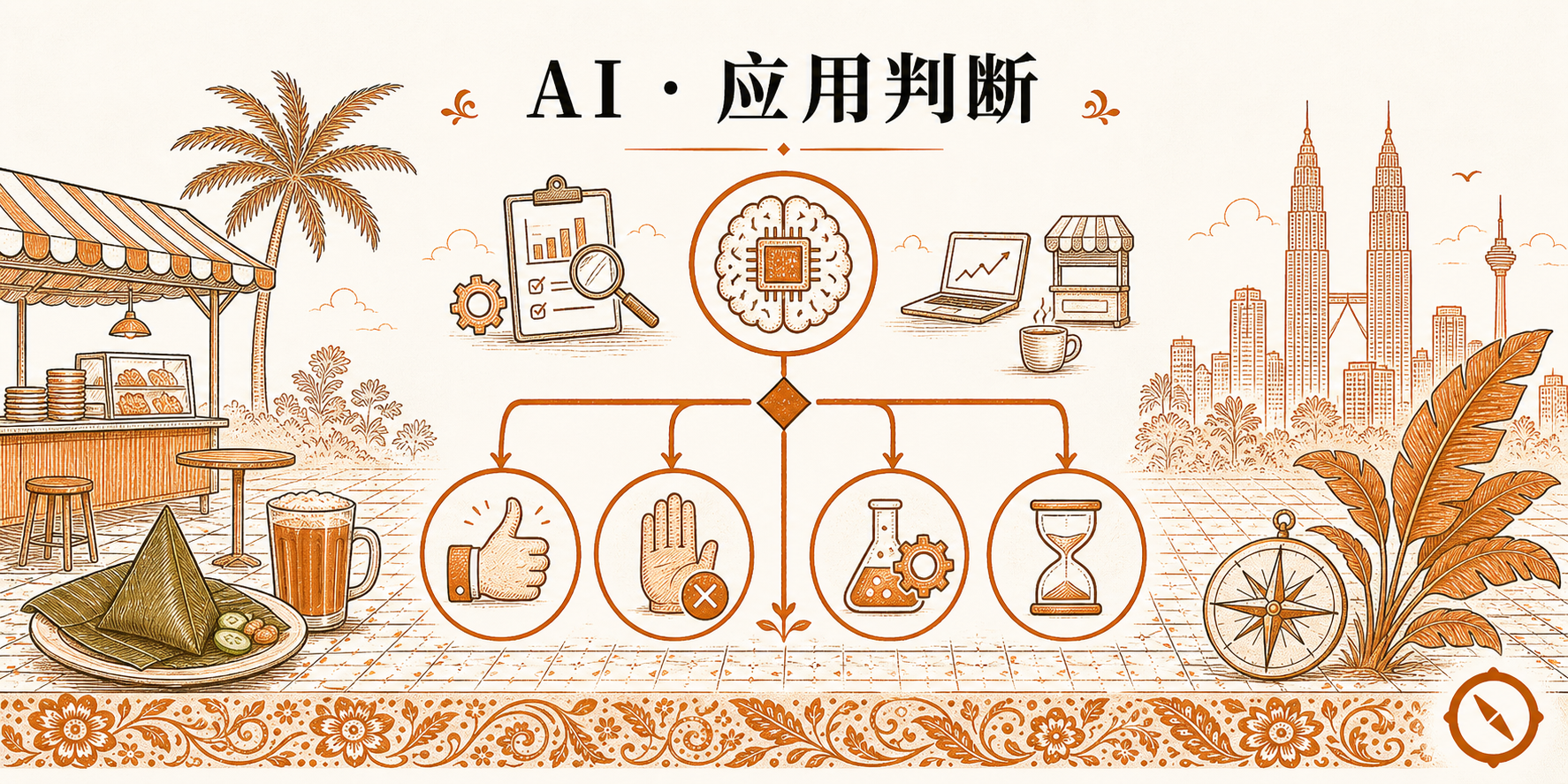 沉睡客户 AI 流失预警与自动唤醒视觉 · AI 应用判断决策树图示 + 大脑芯片图标 + 数据仪表盘报表 + 实验烧瓶生日蛋糕沙漏沟通点评 4 类应用场景图示 + 双子塔椰树本地视觉锚 + AI 应用判断中英文标题 · 体现 CRM 分析消费频率下降趋势在客户即将沉睡时自动触发 WhatsApp 我们想念您消息电子邮件个性化推荐生日祝福甜品优惠 4 类唤醒触点闭环 · 暖橙手绘 sepia 风