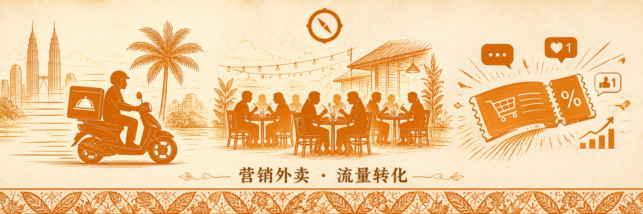 全域 CRM 客户画像标签实时读取视觉 · 外送骑手与堂食聚餐圆桌剪影以及社交互动喜欢消息图标与 RM 优惠券对话气泡 + 双子塔椰树本地视觉锚 + 营销外卖流量转化中英文标题 · 体现 CRM 系统从 POS 与会员 App 交易数据提炼饮食偏好消费等级行为特征忠诚等级 4 类标签以及实时读取更新的客户画像闭环 · 暖橙手绘 sepia 风
