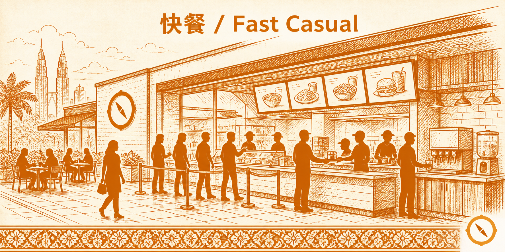 桌面扫码点餐系统部署视觉 · 快餐厅排队队列剪影顾客手机扫码点单流程 + 收银台与开放厨房 + 自助点餐区菜品展示牌 + 服务员剪影协助引导 + 双子塔与椰树本地视觉锚 + 快餐 Fast Casual 中英文标题 · 体现 QR 码点餐高度依赖 WiFi 覆盖与备用手动点餐方案以及高质量菜品图提升点选率的部署闭环 · 暖橙手绘 sepia 风