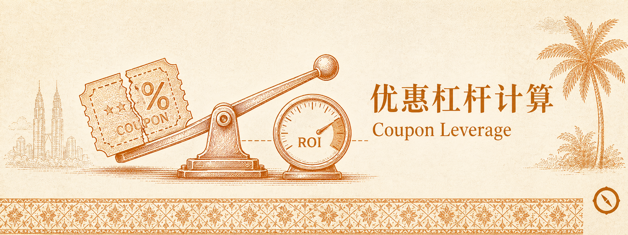 动态促销与价格杠杆 H2 节小 hero · 优惠券与天平秤 + ROI 仪表盘指针 + 双子塔与椰树本地视觉锚 + 中文优惠杠杆计算与英文 Coupon Leverage 标题 · 体现满减券杠杆率测算与闲时折价与贸易促销 ROI 精确追踪的促销定价闭环 · 暖橙手绘 sepia 风