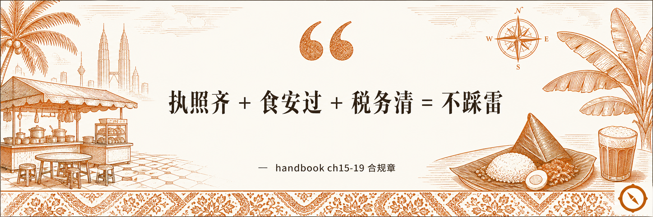 AI 应用场景 H2 节小 hero · 引号横幅 + 中文格言执照齐与食安过与税务清不踩雷 + 椰树与香蕉叶植物 + 双子塔与电视塔本地视觉锚 + 路边档口业态实景 · 体现 AI 库存预测与排班优化与客服外卖电话应答与菜单工程与选址热力图与视觉浪费追踪六场景的小店该不该碰与什么时候碰的门槛判断闭环 · 暖橙手绘 sepia 风