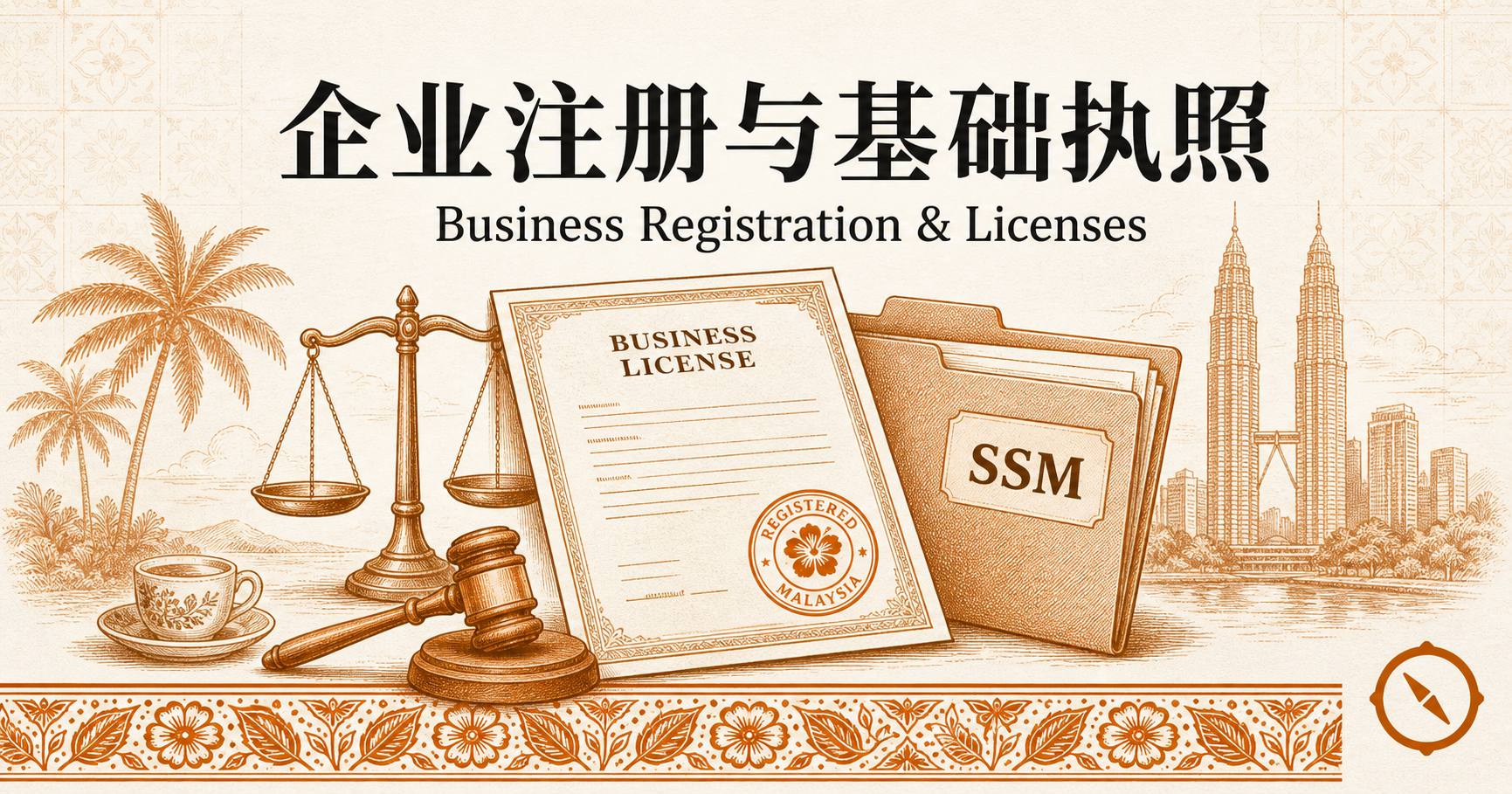B2B业态细分与规划H2节小hero · 企业营业执照证书与SSM注册档案夹 + 法律天平秤与法槌 + 双子塔与椰树本地视觉锚 + 中文标题企业注册与基础执照与英文 Business Registration & Licenses · 体现B2B宴会团餐与企业团餐与机构食堂外包业态的SSM公司注册与法务合规B2B业务起步基础闭环 · 暖橙手绘 sepia 风
