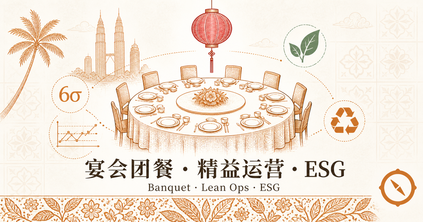 宴会团餐与精益运营与ESG章首图 · 圆桌十人位中式套餐摆台与瓷器餐具与红色灯笼 + 6σ 与 SPC 控制图与可持续叶片与回收循环图标 + 椰树与蕾丝纹饰本地视觉锚 + 中文标题宴会团餐 · 精益运营 · ESG 与英文 Banquet · Lean Ops · ESG 标题 · 体现多元族群宴会场景与精益生产体系工具与 ESG 可持续发展三主题并列闭环 · 暖橙手绘 sepia 风