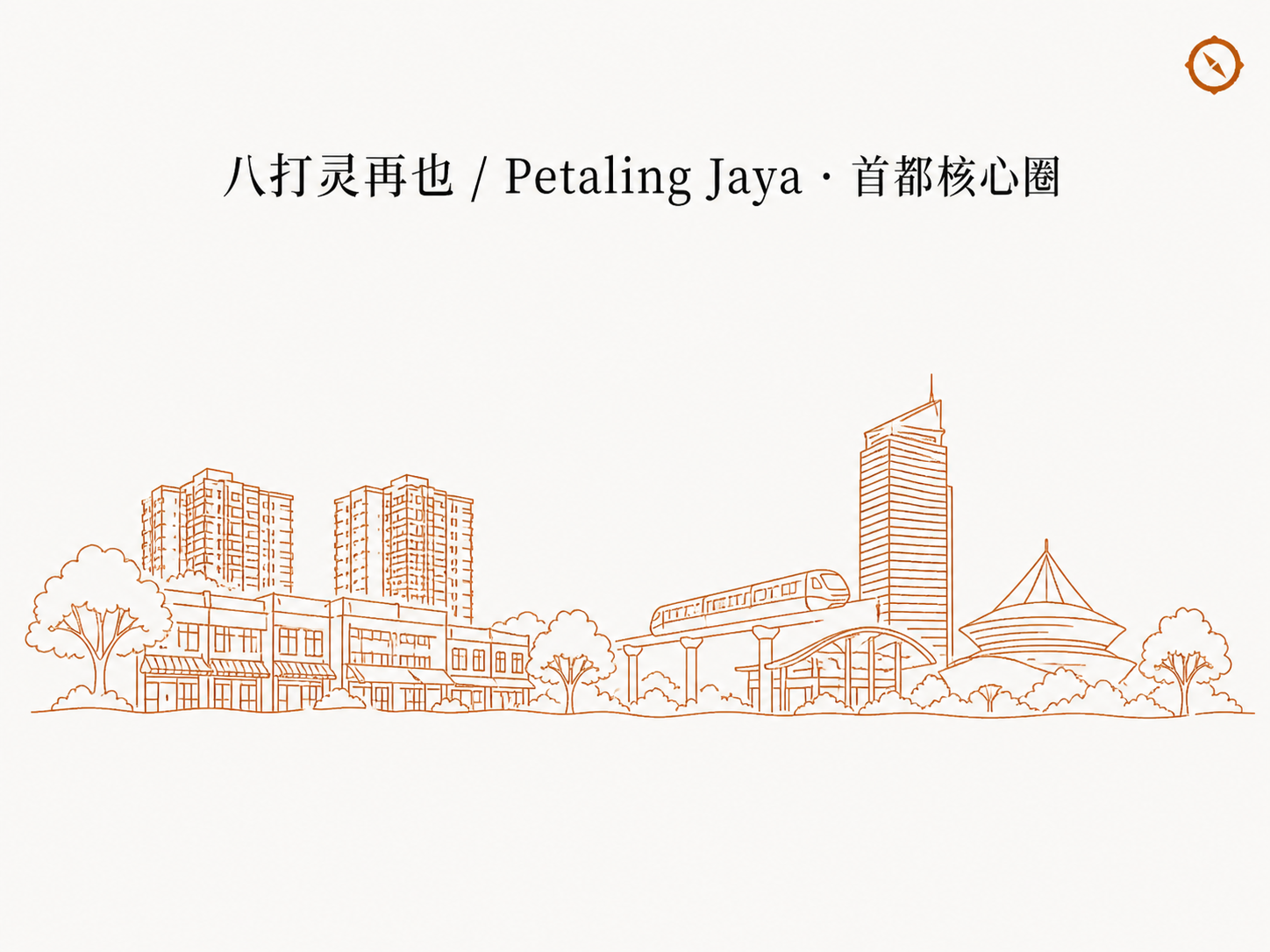 企业注册与基础执照章首图 · 八打灵再也 Petaling Jaya 首都核心圈天际线轮廓与高层公寓楼宇与轻轨高架交通节点和现代商业塔楼线稿 · 体现马来西亚巴生谷餐饮业从业者起步的西马首都核心圈多元族群创业者注册合规起点业态语境 · 暖橙手绘 sepia 风
