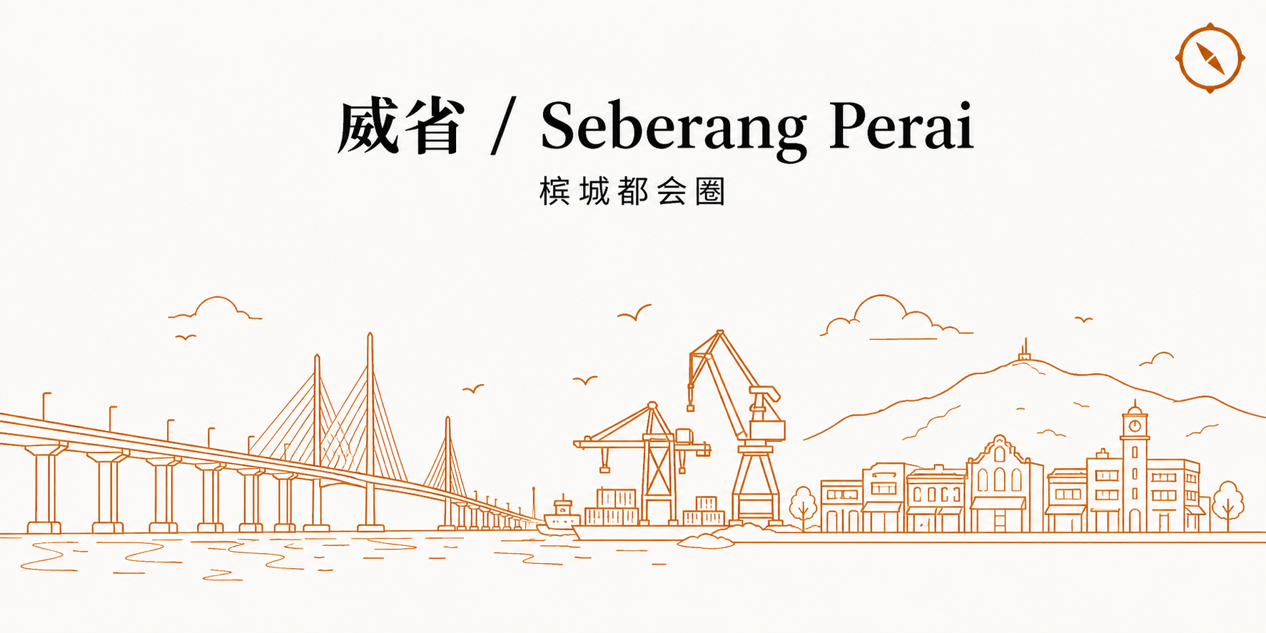 基于营业面积分级执照费用结构 H3 节配图 · 威省 Seberang Perai 槟城都会圈跨海大桥双拉索结构剪影与港口起重机和工业码头及阶梯式商业楼宇天际线轮廓线稿 · 体现马来西亚北马槟城工业港口型都会圈餐饮业 PBT 综合执照年费区间业态语境 · 暖橙手绘 sepia 风