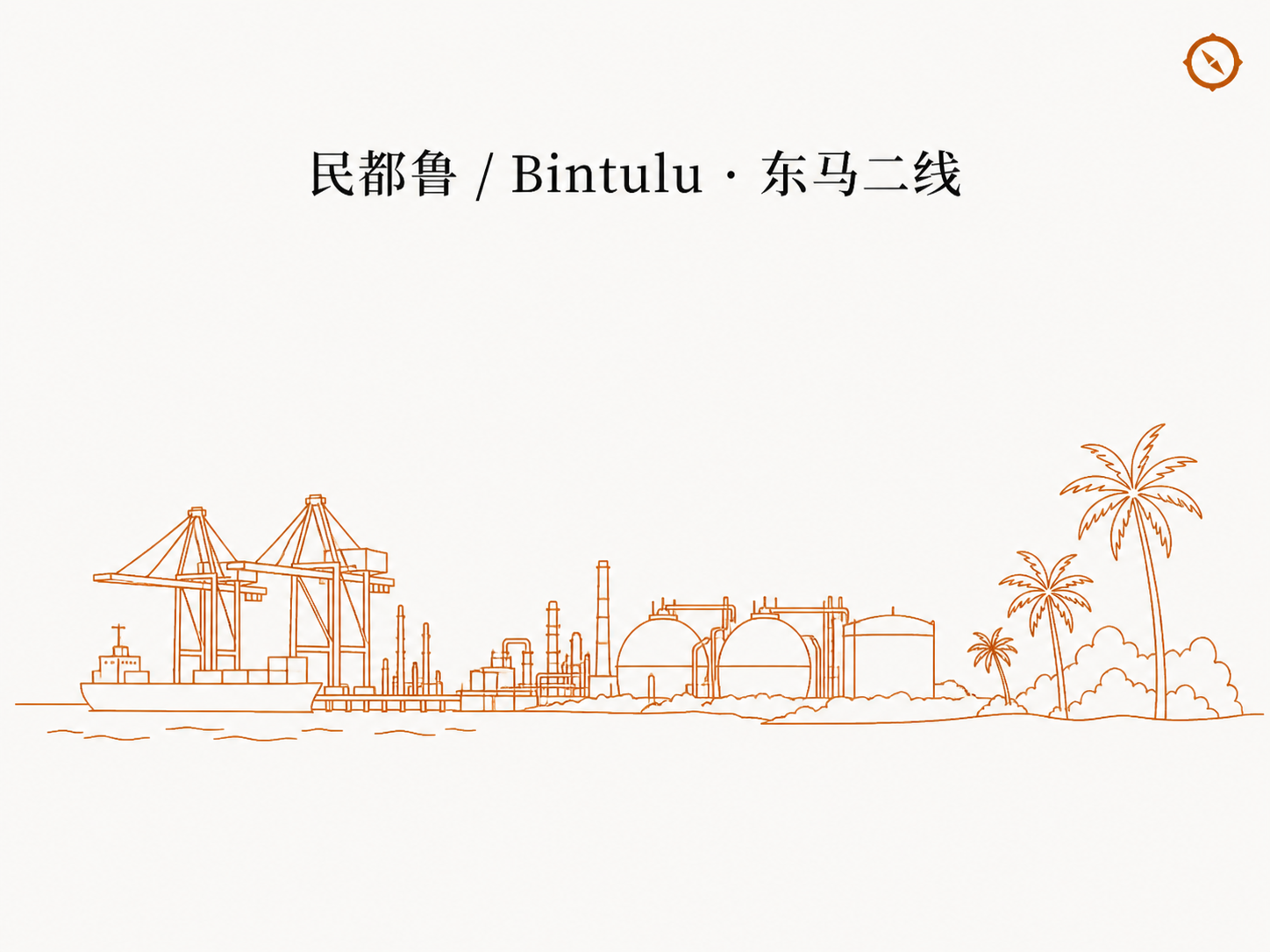 注册与执照申请完整时间线 H3 节配图 · 民都鲁 Bintulu 东马二线工业港口城市天际线轮廓与港口龙门起重机和集装箱码头剪影及炼化塔架与椰树本地视觉锚立面线稿 · 体现马来西亚东马砂拉越工业港口型二线城市餐饮开业注册多阶段递进业态语境 · 暖橙手绘 sepia 风