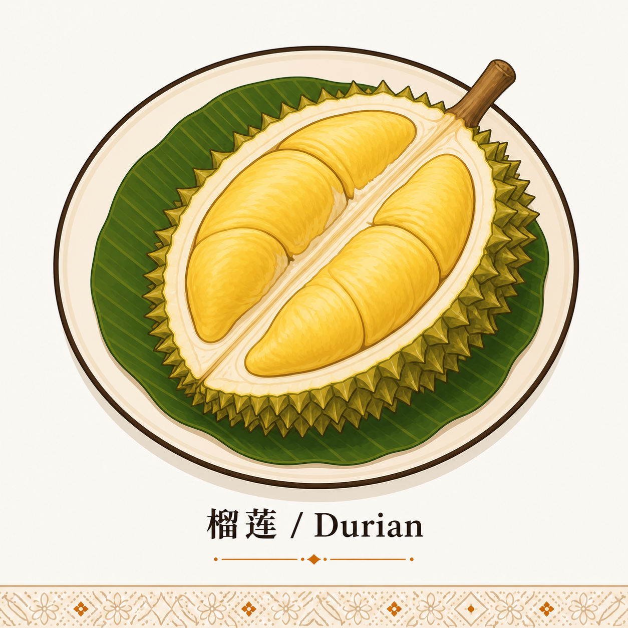 食品安全与卫生法规章首图 · 榴莲 Durian 国宝水果切开插图圆盘装盛上铺芭蕉叶绿色衬底与黄色果肉饱满分瓣及果壳尖刺纹理立面以及底部南洋传统纹样饰带细节线稿 · 体现马来西亚高风险食材榴莲新鲜度判断与储存温控及卫生处理业态语境承接食品法令 1983 与 KKM 食品认证监管框架食品处理员工持证合规起点 · 暖橙手绘 sepia 风