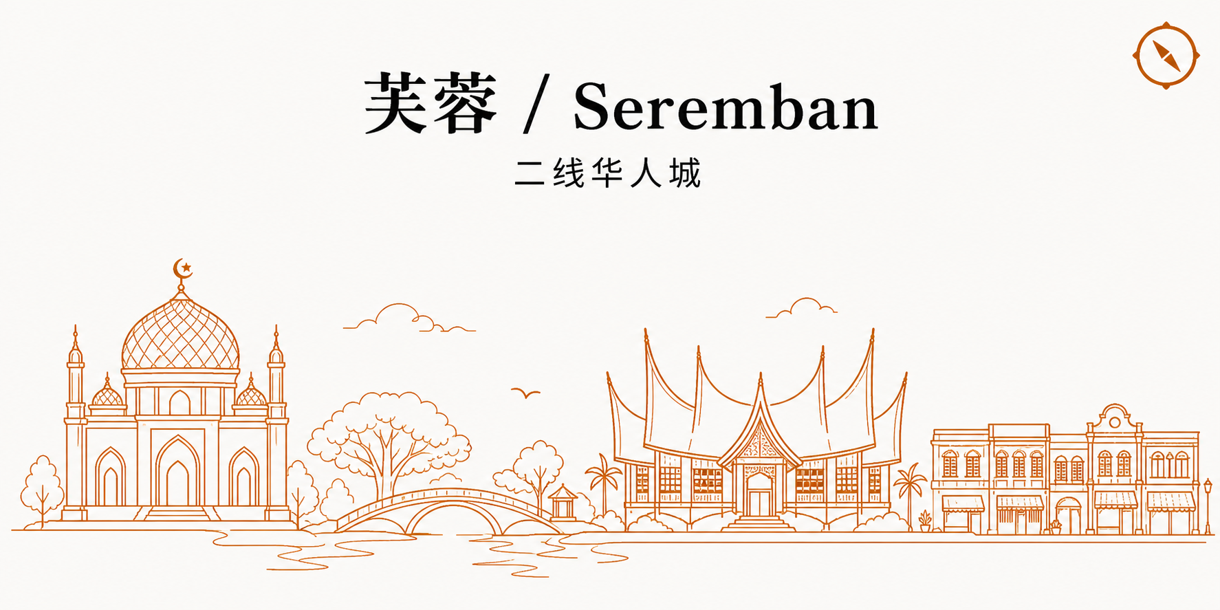 伤寒疫苗 Typhoid Vaccine 强制接种监控机制 H3 节配图 · 芙蓉 Seremban 二线华人城天际线轮廓与州清真寺穹顶建筑和米南加保 Minangkabau 屋顶弯角剪影及殖民老建筑立面以及跨河小桥线稿 · 体现马来西亚南部森美兰二线华人型城市食品处理员工政府诊所 Klinik Kesihatan 免费接种与私人诊所收费及 3 年有效期业态合规语境 · 暖橙手绘 sepia 风