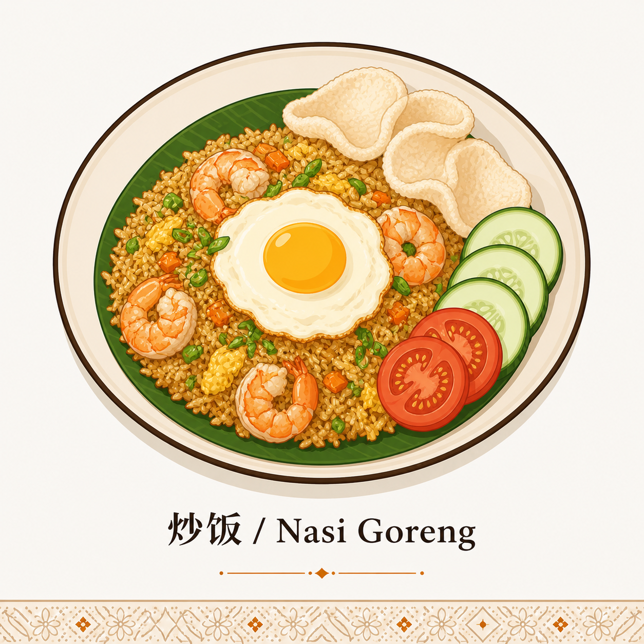 清真认证申请流程与周期规划 H3 节配图 · 炒饭 Nasi Goreng 国民料理立面瓷盘装盛炒米饭与煎蛋及虾仁配虾片和黄瓜片以及番茄切片摆盘以及绿色芭蕉叶垫底线稿 · 体现马来西亚多元族群从业者面对 MYeHALAL 平台 6 步申请流程注册账户与提交文件及初步审查与现场审核及委员会评审与证书颁发全程 3 至 6 个月业态语境 · 暖橙手绘 sepia 风