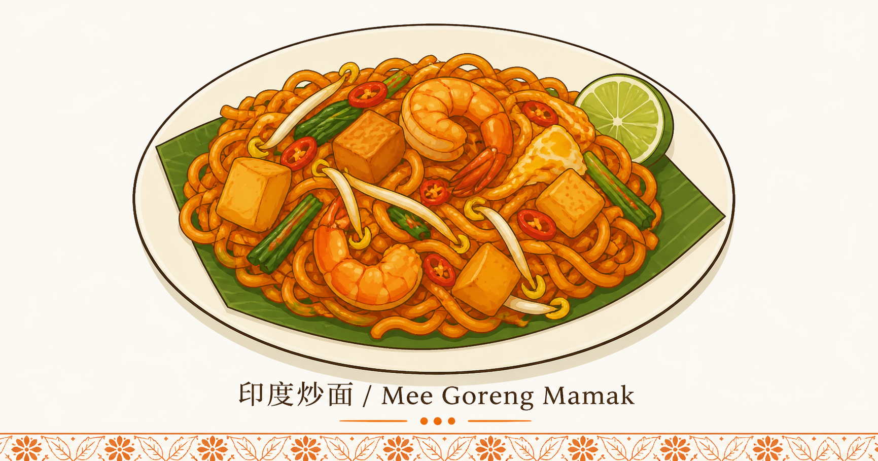 2026 年 JAKIM 清真认证收费标准按企业规模 H3 节配图 · 印度炒面 Mee Goreng Mamak 印度餐立面椭圆瓷盘装盛炒黄面条与虾仁及豆腐方块和青葱与红辣椒配酸柑切角和绿色芭蕉叶垫底线稿 · 体现马来西亚多元族群从业者面对 JAKIM 清真认证微型小型中型大型 4 档企业规模收费认证费与审核费阶梯结构以及证书 2 年有效期续期业态语境 · 暖橙手绘 sepia 风