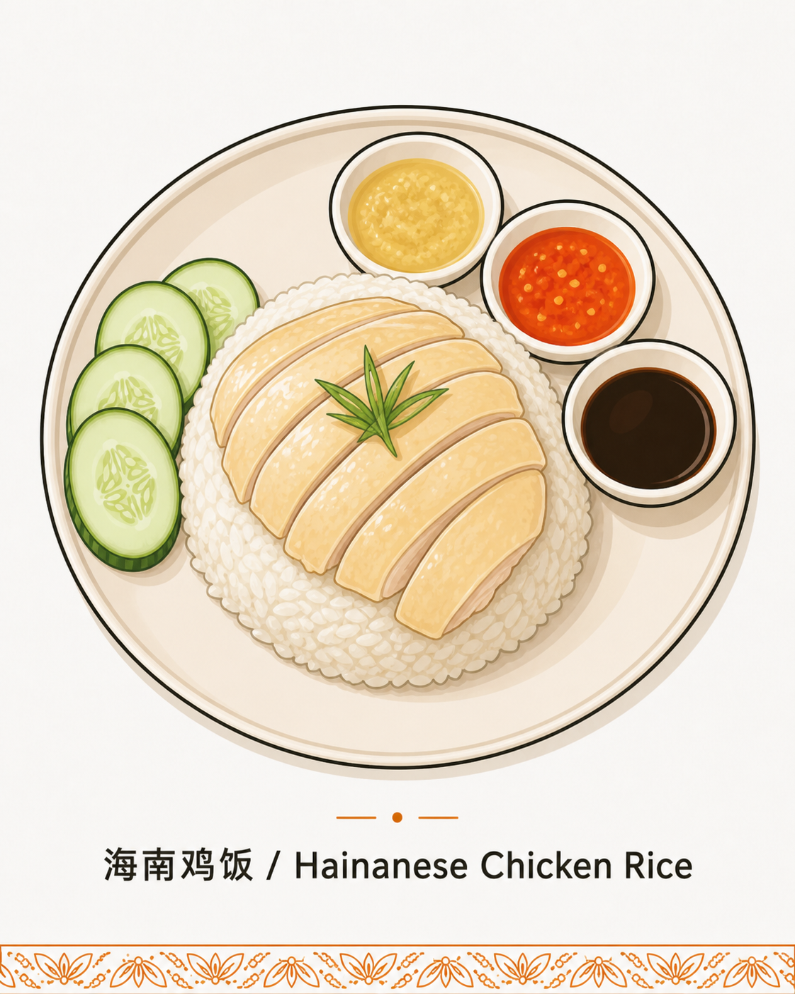 清真认证体系章首图 · 海南鸡饭 Hainanese Chicken Rice 国民料理立面圆盘装盛白米饭与切片白斩鸡及黄姜调味与黄瓜片摆盘佐以小碟酱料姜蓉与辣椒酱及黑酱油底部南洋传统纹样饰带细节线稿 · 体现马来西亚多元市场餐饮开业 JAKIM 清真认证多元食材监管业态语境承接 MYeHALAL 在线申请平台与 IHC 内部清真委员会及 HAS 清真保证系统合规起点 · 暖橙手绘 sepia 风