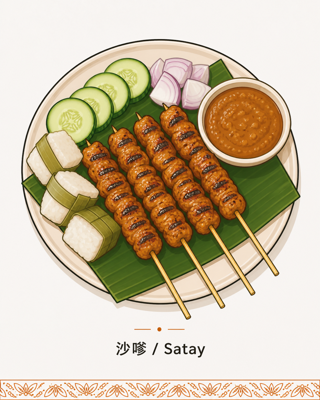 内部清真委员会 IHC 建制要求 H3 节配图 · 沙嗲 Satay 烤肉串本地经典立面瓷盘装盛 4 串炭火烤肉与花生酱小碟及黄瓜片与紫洋葱圈和马来粽 ketupat 米糕方块配芭蕉叶垫底线稿 · 体现马来西亚多元族群从业者面对 IHC 内部清真委员会 3 至 5 人主席必为穆斯林及成员日常监督原料采购清真合规与年度报告业态语境 · 暖橙手绘 sepia 风
