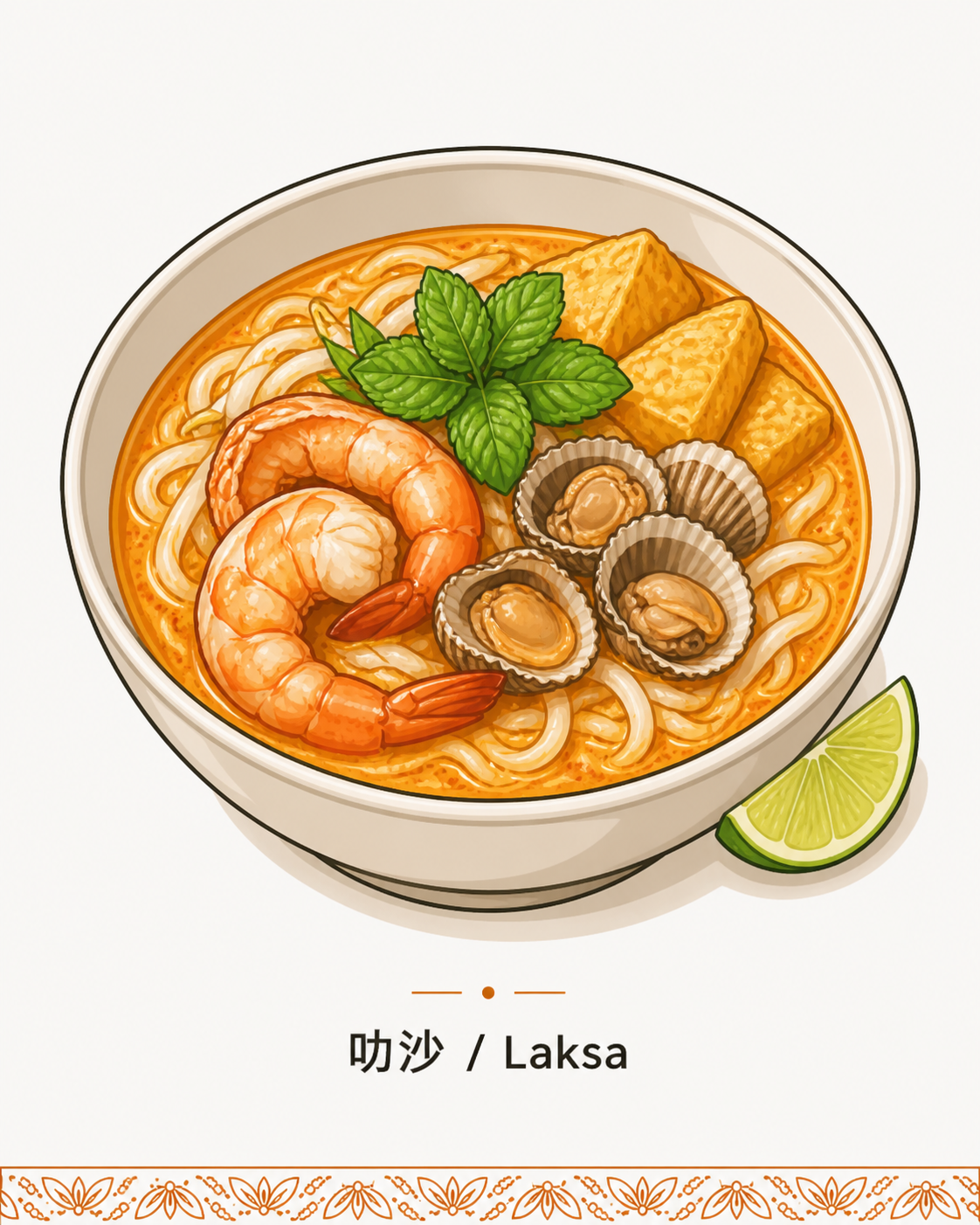 JAKIM 清真认证框架与分级 H3 节配图 · 叻沙 Laksa 海鲜面立面瓷碗装盛椰浆汤底与黄面条及大虾与豆腐泡和带壳贝类海鲜配薄荷叶与酸柑切角线稿 · 体现马来西亚多元族群从业者面对 JAKIM 联邦级监管覆盖食品饮料食品添加剂餐厅经营场所食品生产设施 5 类业态以及州级 JAIN 与 MAIN 双层认证体系业态语境 · 暖橙手绘 sepia 风