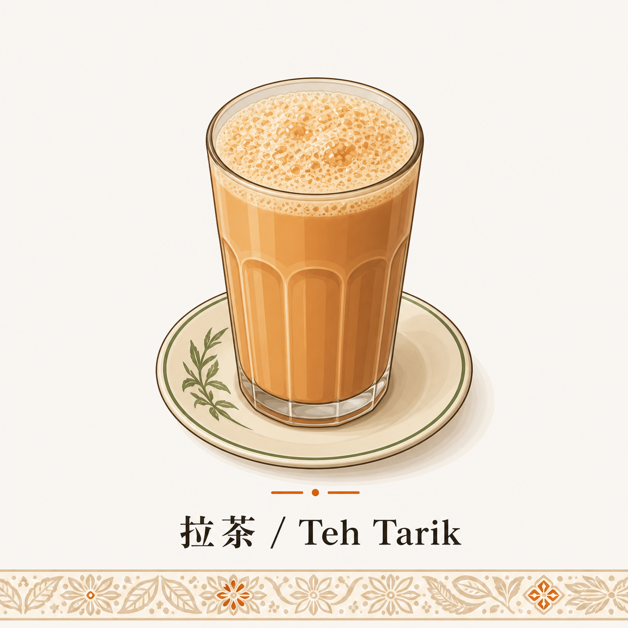 MYeHALAL 网关合规凭证云端封存 H3 节配图 · 拉茶 Teh Tarik 国民饮品立面玻璃杯装盛奶茶与浓郁奶泡顶部以及白色瓷垫底盘配茶叶纹饰边框线稿 · 体现马来西亚多元族群从业者面对 MYeHALAL 平台数字化门户在线提交认证申请追踪进度与数字证书颁发以及公众验证清真证书功能业态语境 · 暖橙手绘 sepia 风