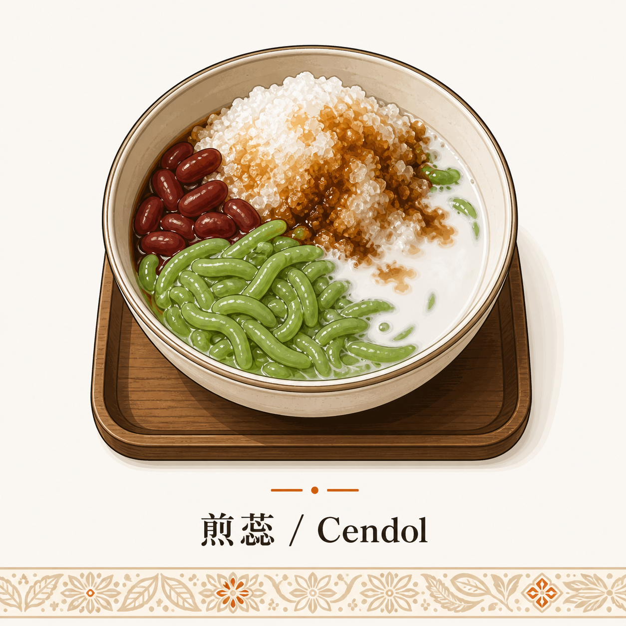 清真与非清真物料全流程物理隔离规范 H3 节配图 · 煎蕊 Cendol 传统甜品立面瓷碗装盛红豆与刨冰及绿色班兰粉条与椰浆白汁和棕色椰糖浆配木质托盘垫底线稿 · 体现马来西亚多元族群从业者面对清真与非清真物料采购储存加工烹饪传递 5 环节物理隔离规范以及刀具砧板锅具颜色编码区分业态语境 · 暖橙手绘 sepia 风