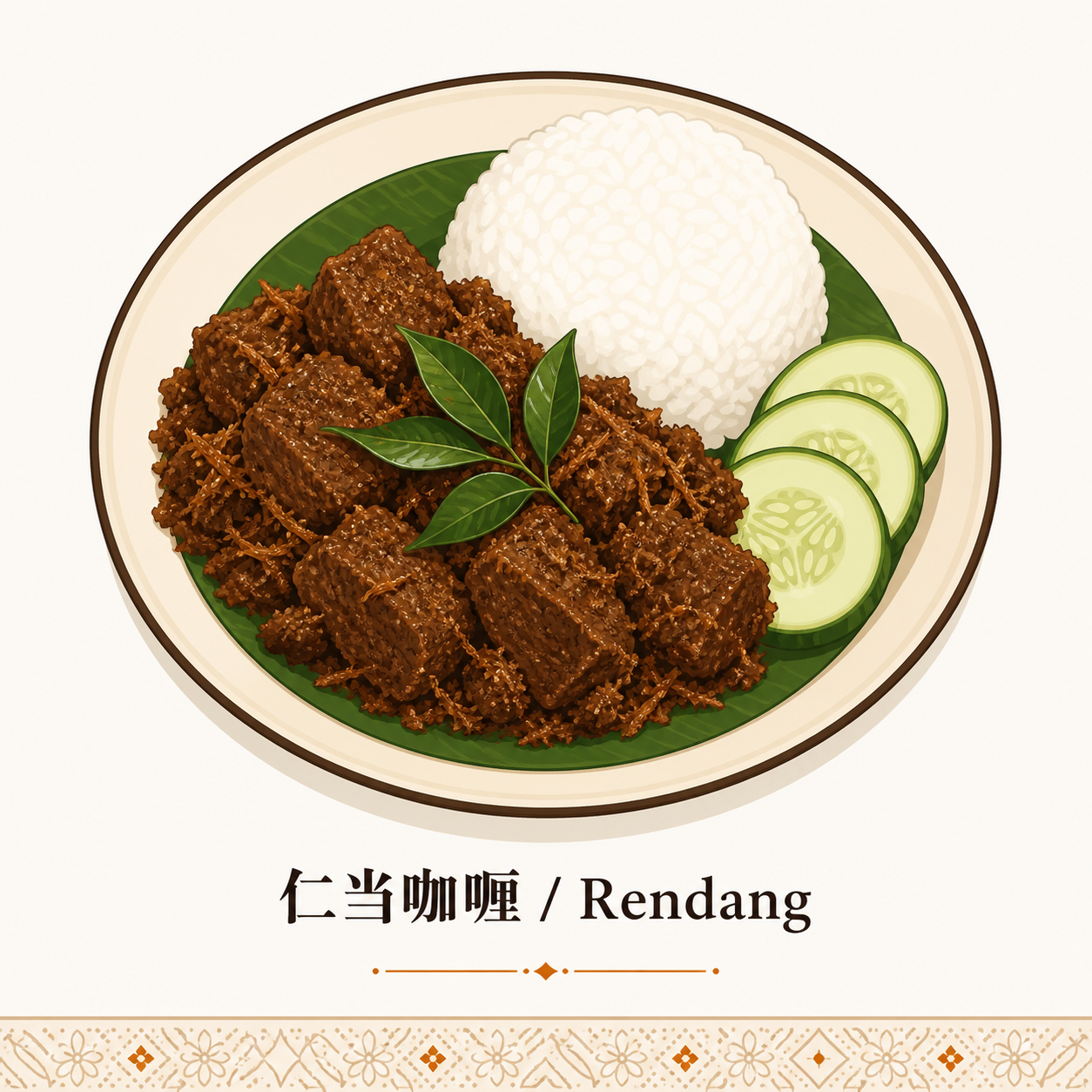 清真认证体系内容 H2 节小 hero · 仁当咖喱 Rendang 马来国粹立面圆盘装盛慢炖牛肉块与浓郁咖喱酱及白米饭半圆与黄瓜片摆盘以及椰浆汁线稿 · 体现马来西亚多元族群从业者面对 JAKIM 联邦级与 JAIN 州级双层清真认证框架及多元市场食材监管闭环业态语境 · 暖橙手绘 sepia 风